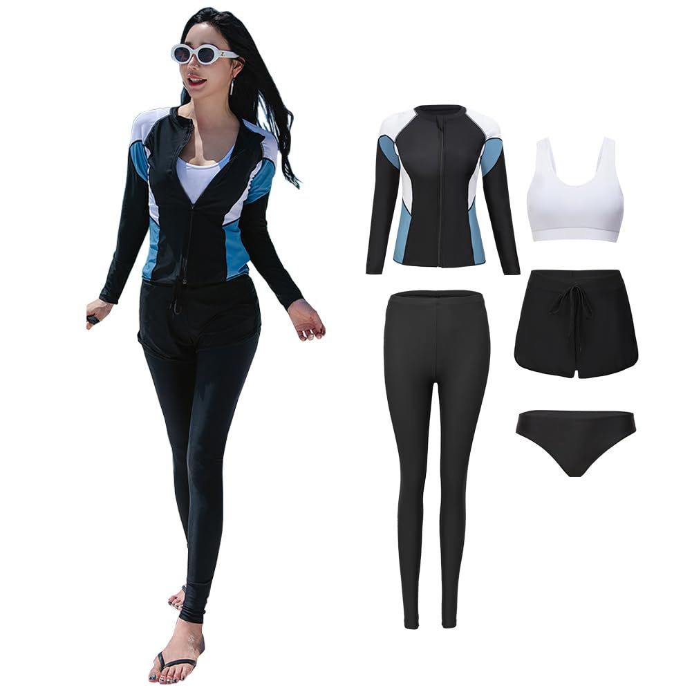 Candy Kiosk ラッシュガード レディース 水着 上下セット 5点セット 長袖 前開き フィットネス ビーチ 温泉 水泳 UVカット 吸汗速乾 通気性 水陸両用