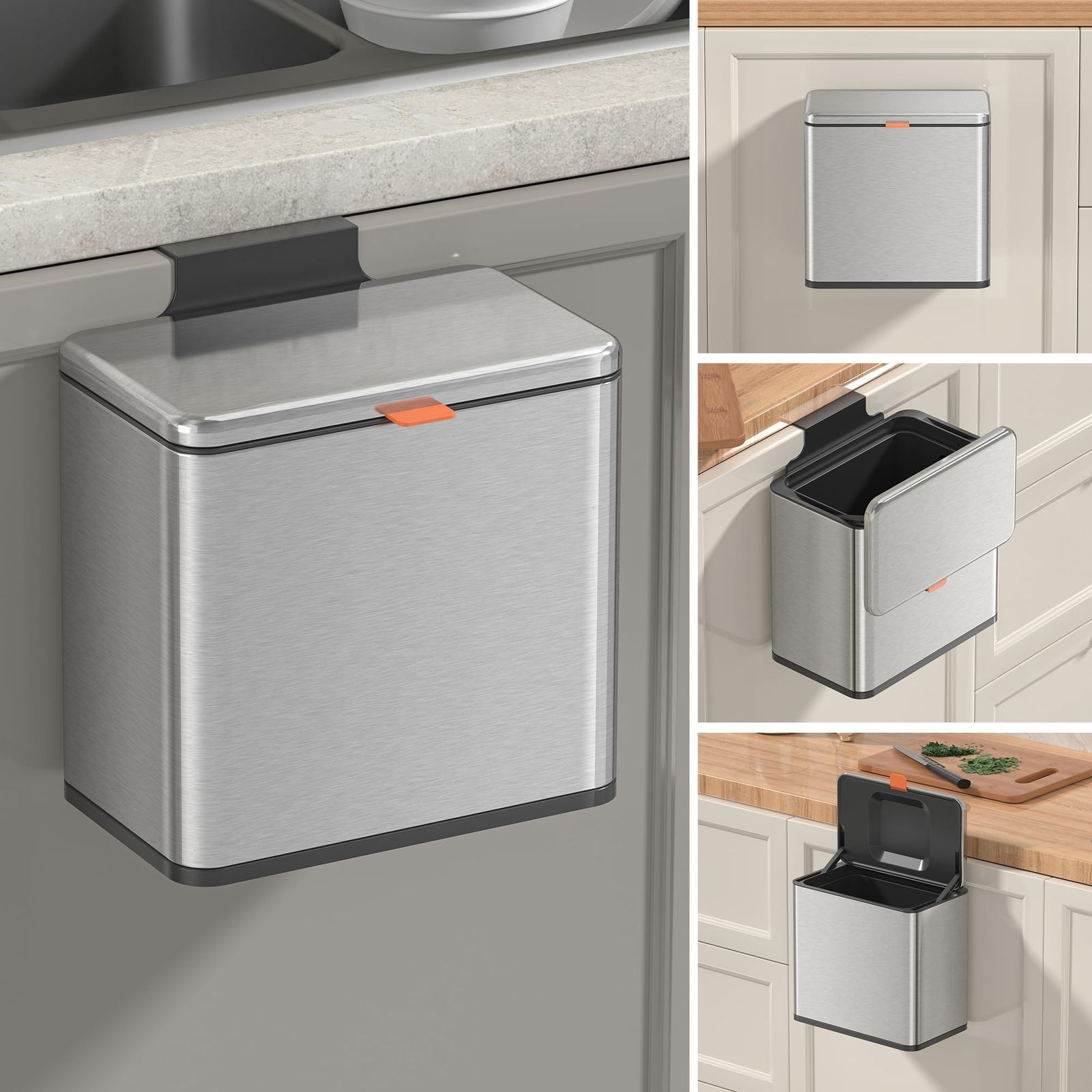 Mbillion 壁掛けゴミ箱 キッチンミ箱 おしゃれ 生ゴ フタ付き キャビネット 吊り下げゴミ箱 4Ｌ大口径 密閉 防臭 スライド式 シルバー ゴミ袋を贈る