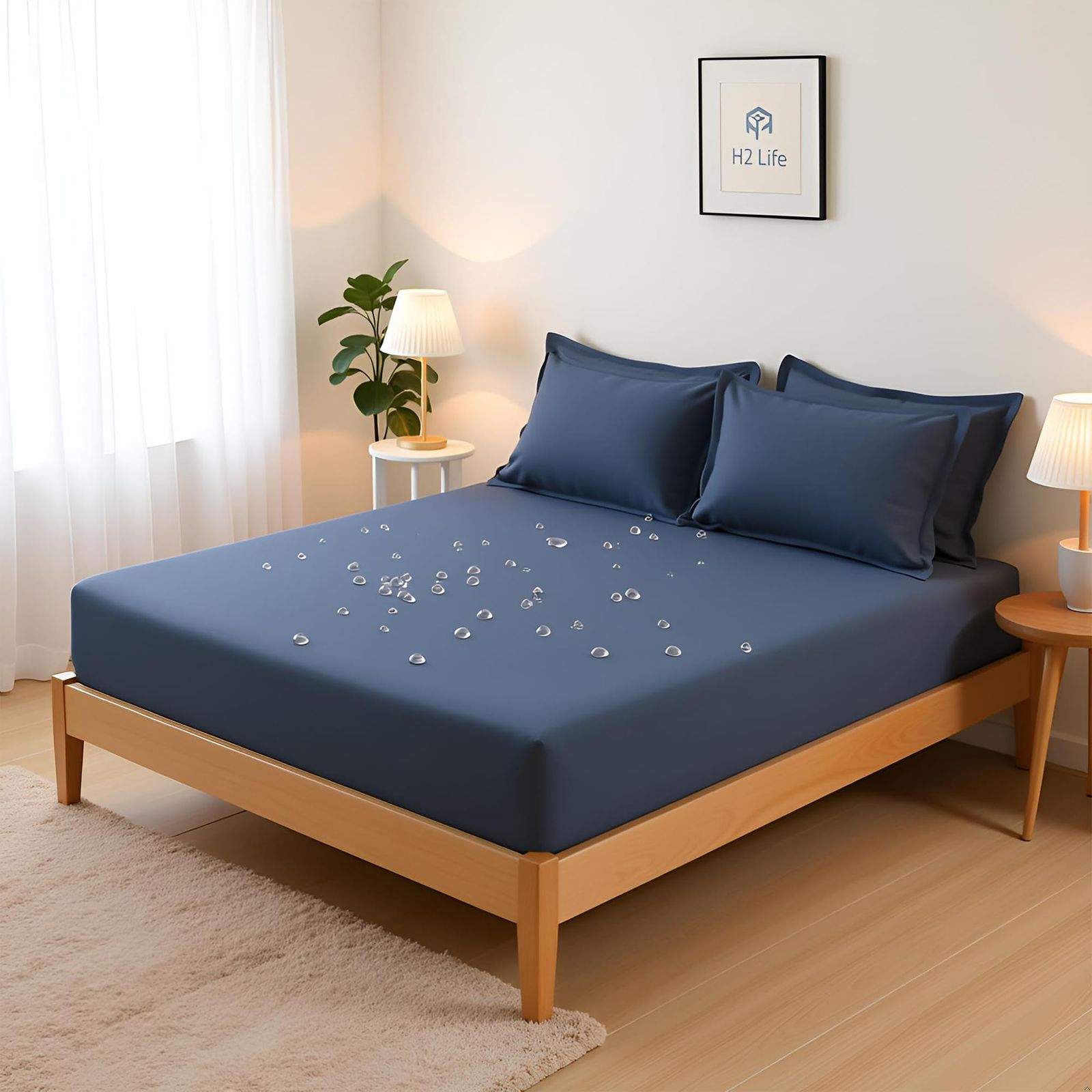 H 2 Life 防水ボックスシーツ 防水シーツ 丸洗いOK 通気速乾 抗菌防臭 ズレ防止 おねしょ 介護 ペット 赤ちゃん 大人対応 家庭用 業務用 快適フィット シングル セミダブル ダブル クイーン ネイビー