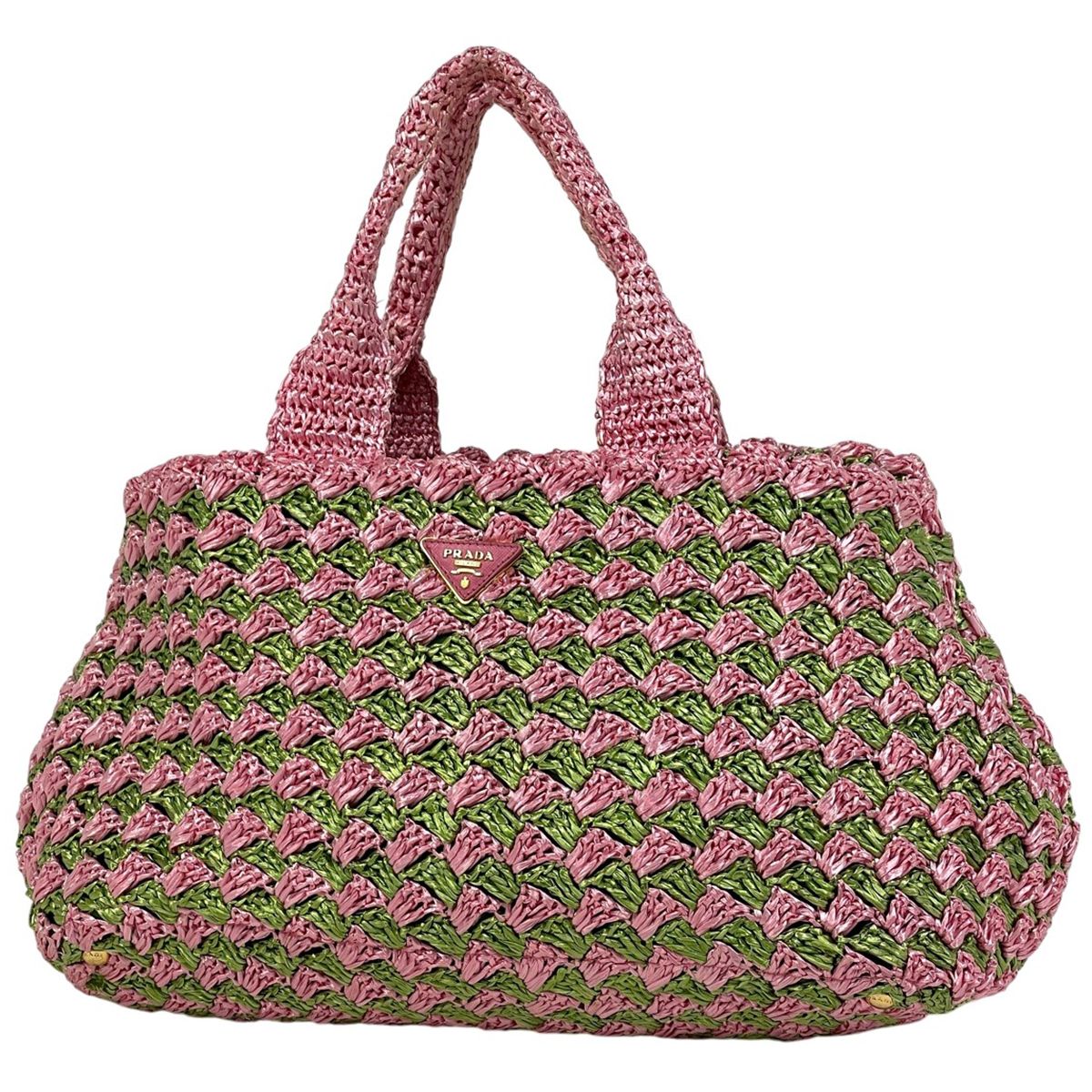 プラダ PRADA ロゴプレート トートバッグ ハンドバッグ かごバッグ トートバッグ ラフィア ピンク グリーン BN2303 レディース