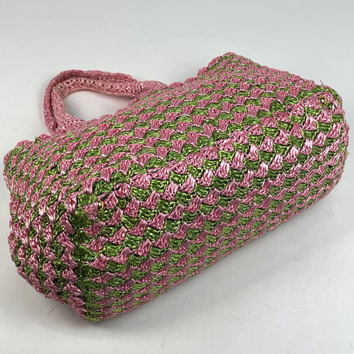 プラダ PRADA ロゴプレート トートバッグ ハンドバッグ かごバッグ トートバッグ ラフィア ピンク グリーン BN2303 レディース