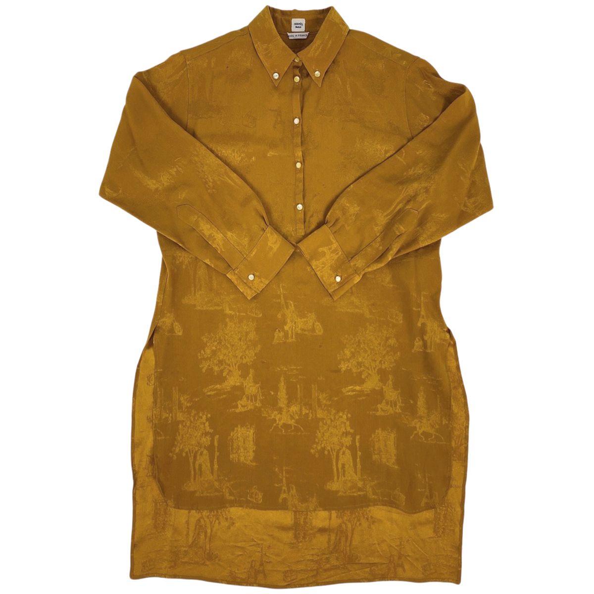 エルメス HERMES ボタンダウン チュニックシャツ ロング トップス 長袖シャツ 絹 マスタード レディース