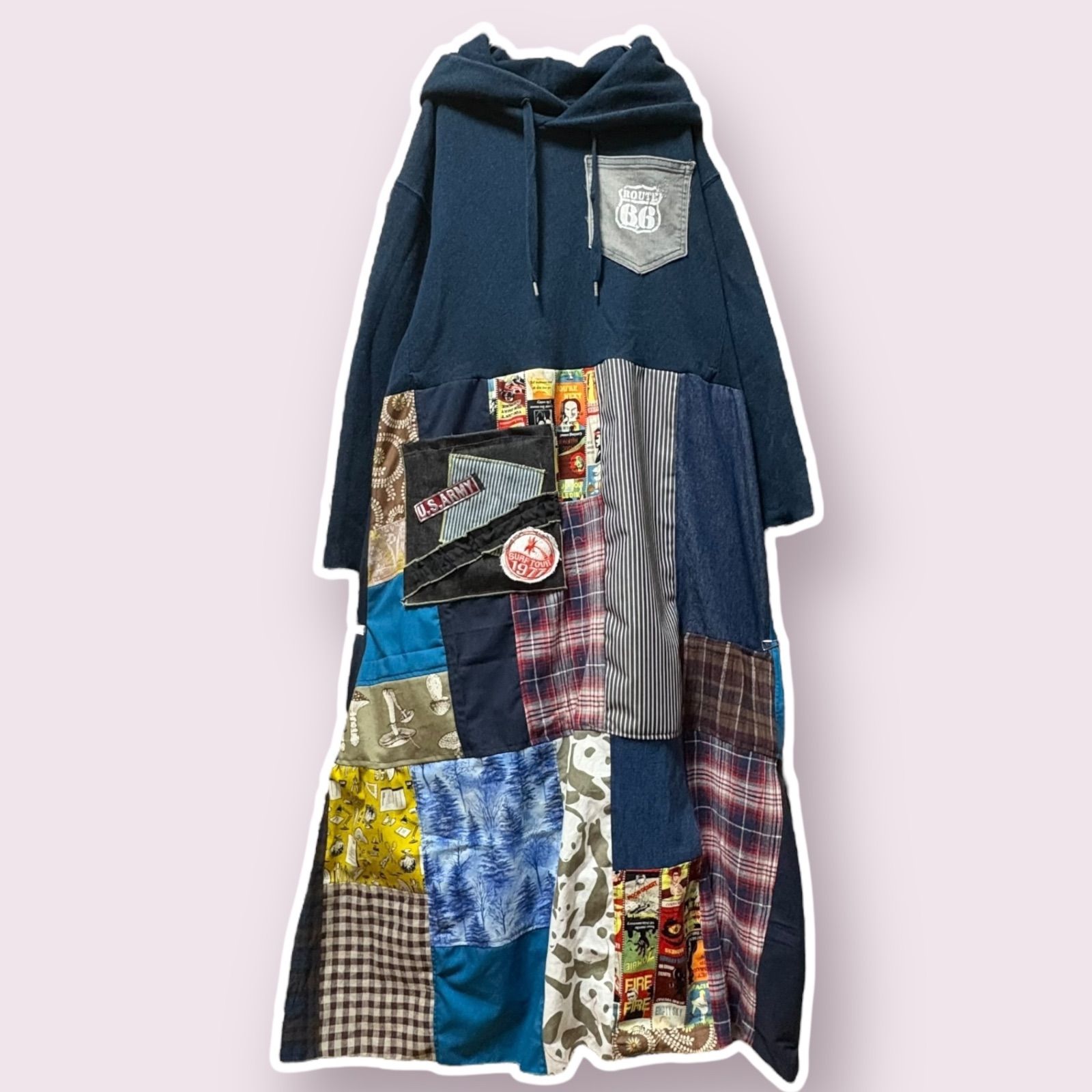L 紺パーカー 古着リメイクワンピース ロングスカート チェックパンダ