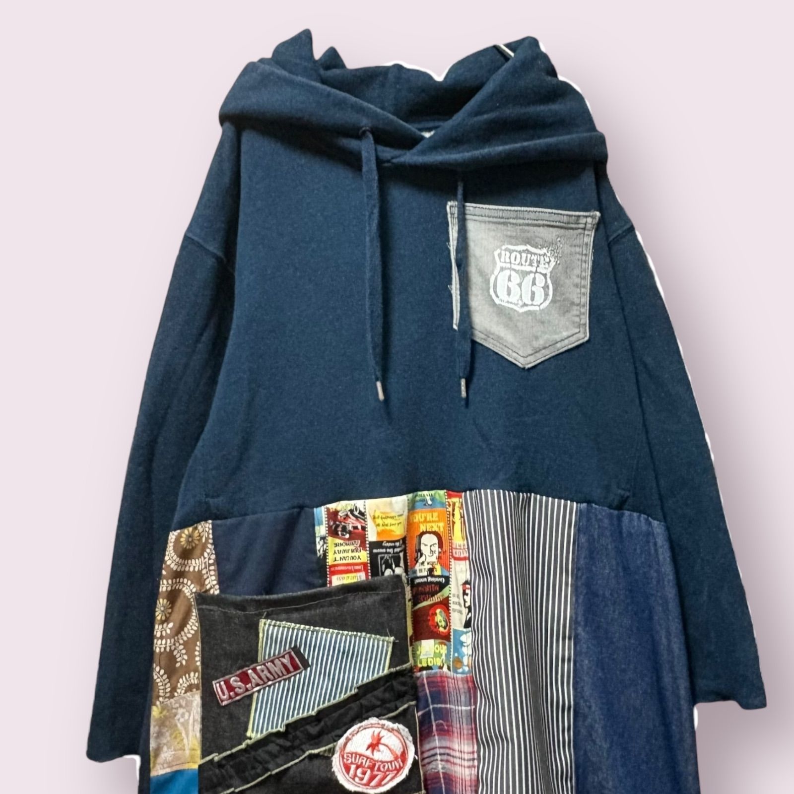 紺パーカー 古着リメイクワンピース