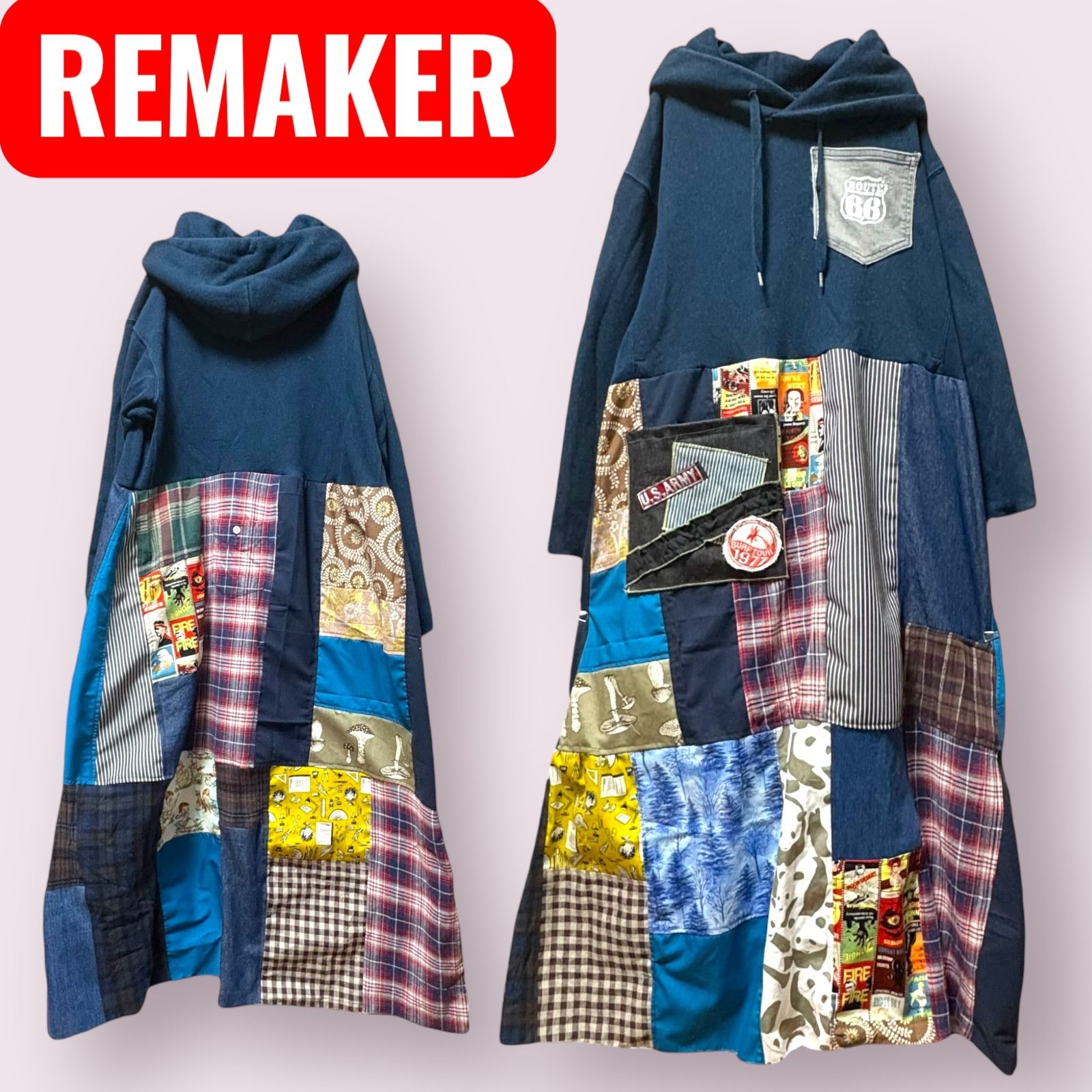 Ｌ 紺パーカー 古着リメイクワンピース ロングスカート チェックパンダ