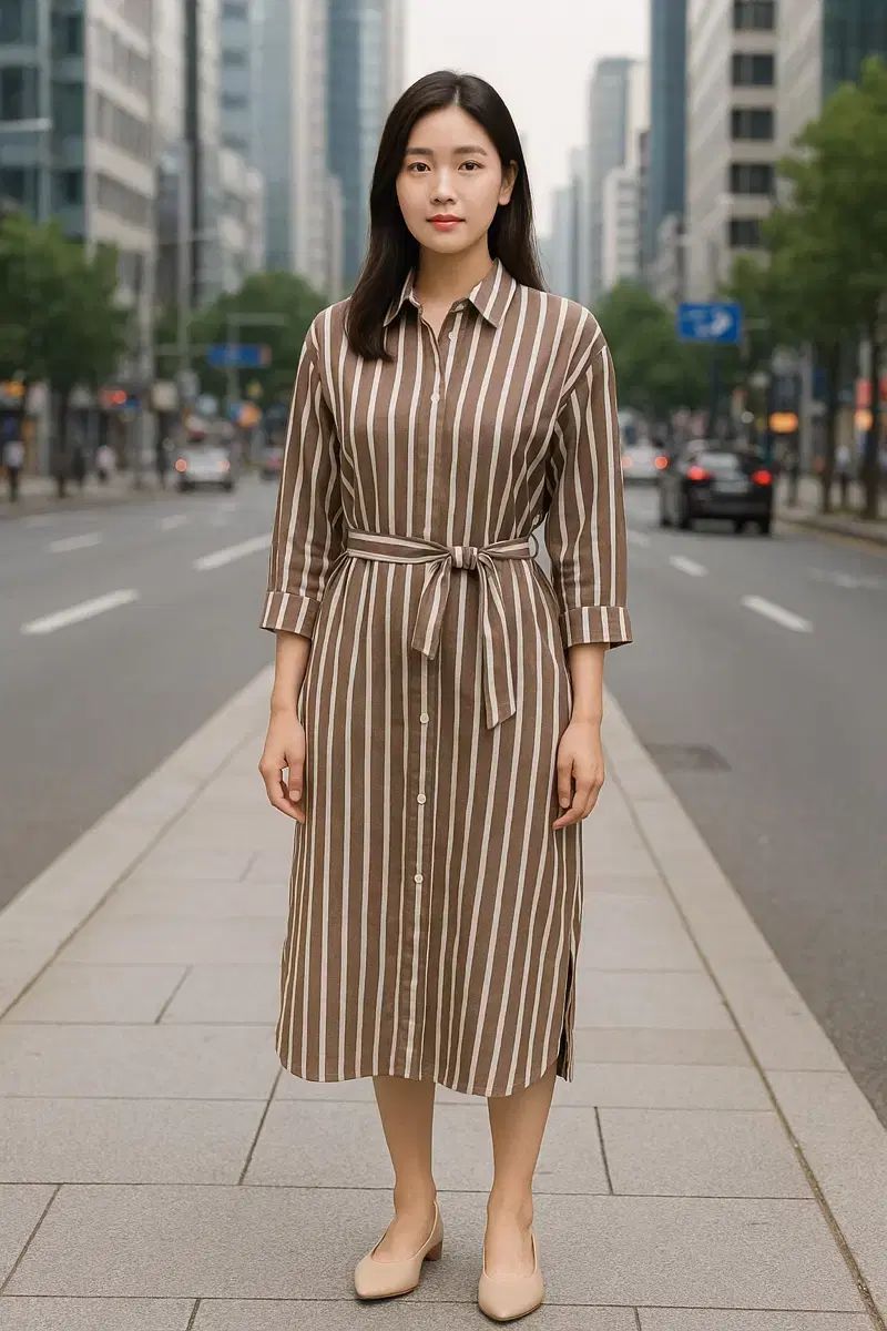 ラフィア프 뒤 마카리 ブラウン ストライプ シャツワンピース