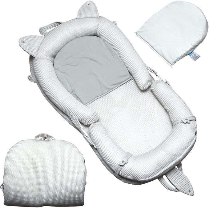 ねこ耳付き ベビーネスト ベッドインベッド 持ち運び 通気性がよい 洗濯 折り畳みベッド 安全 安心 出産祝い 吐き戻し防止マット付き ポータブル 折りたたみ式 寝返り防止 新生児 携帯型ベビーベッドライトグレー ライトグレー