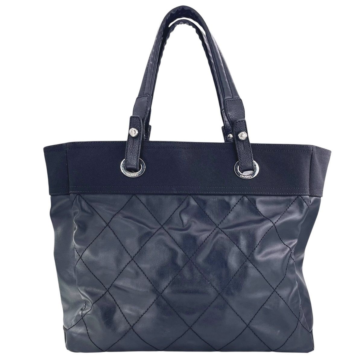 CHANEL シャネル パリビアリッツMM トートバッグ 黒 18番台 シルバー金具 ココマーク ナイロン チャーム ポーチ レディース 25023531 MK