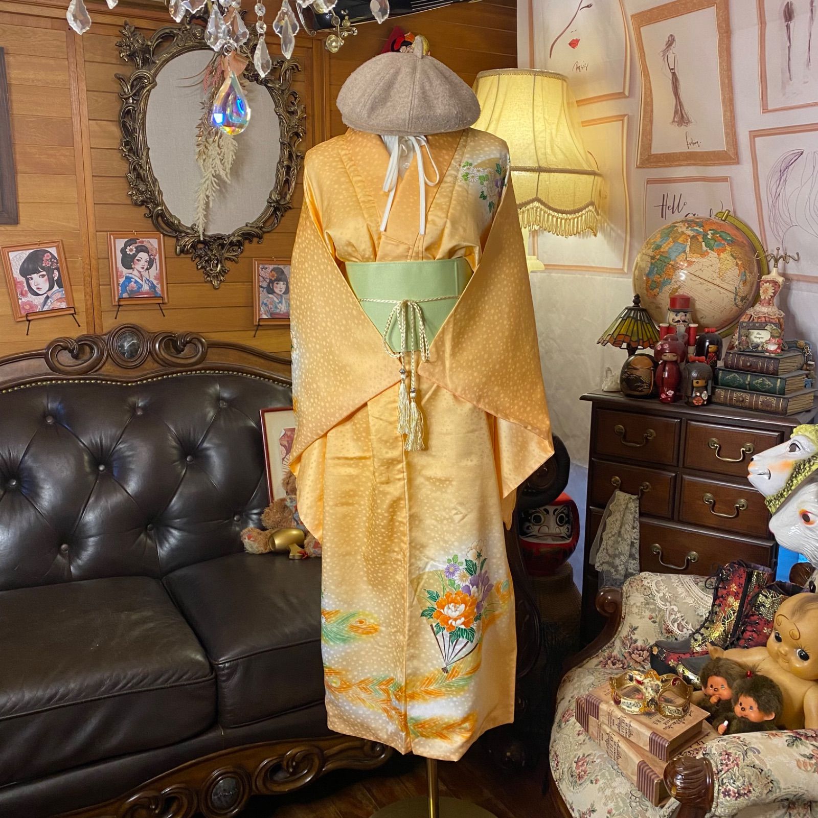 付け下げ 着物 リメイク セミロング ワンピース ドレス 洗える 化繊 帯サッシュベルト付き 和洋折衷 ハンドメイド 陽だまりに咲く花 KW-772