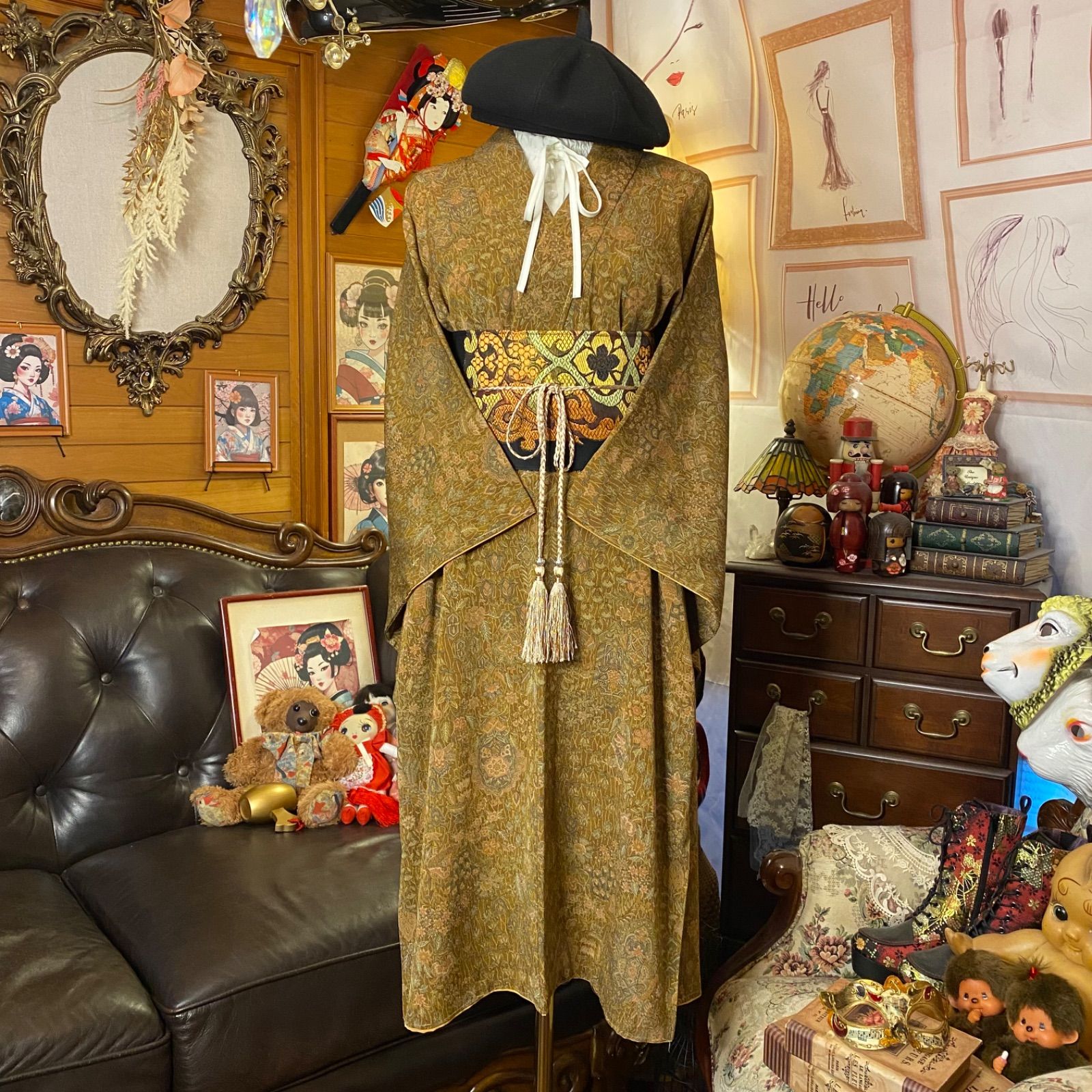 着物 リメイク ワンピース ドレス 洗える 化繊 名古屋帯サッシュベルト付き 和洋折衷 ハンドメイド 静謐なる森の詩 KW-1137