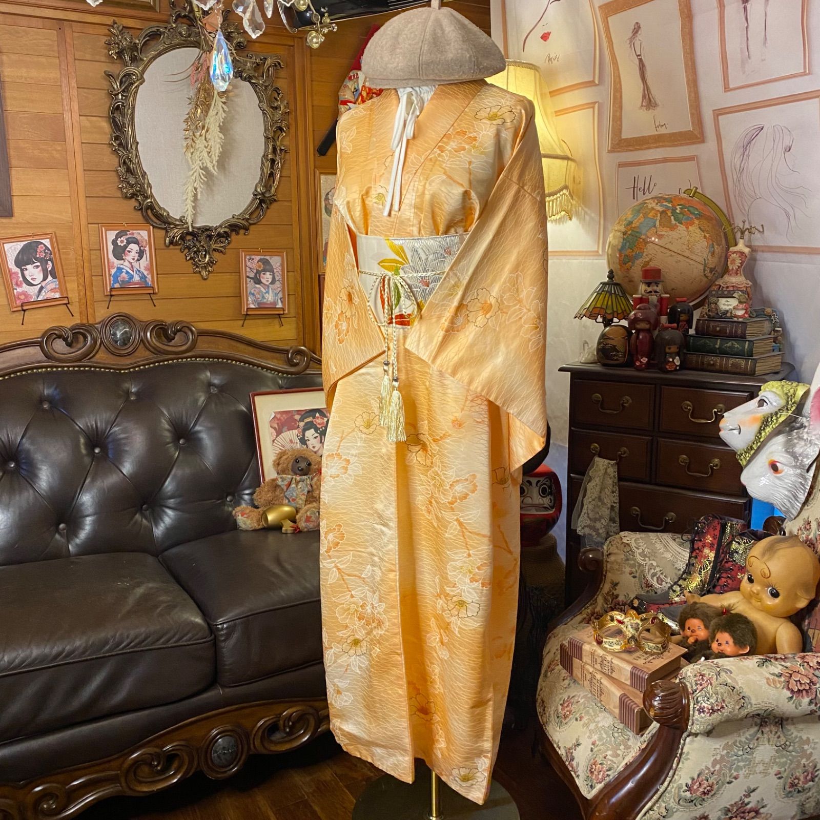  着物 リメイク ロング ワンピース ドレス 洗える 化繊 名古屋帯サッシュベルト付き 和洋折衷 ハンドメイド 春光を纏う 花咲く KW-1138 ワンピース チュニック ファッション