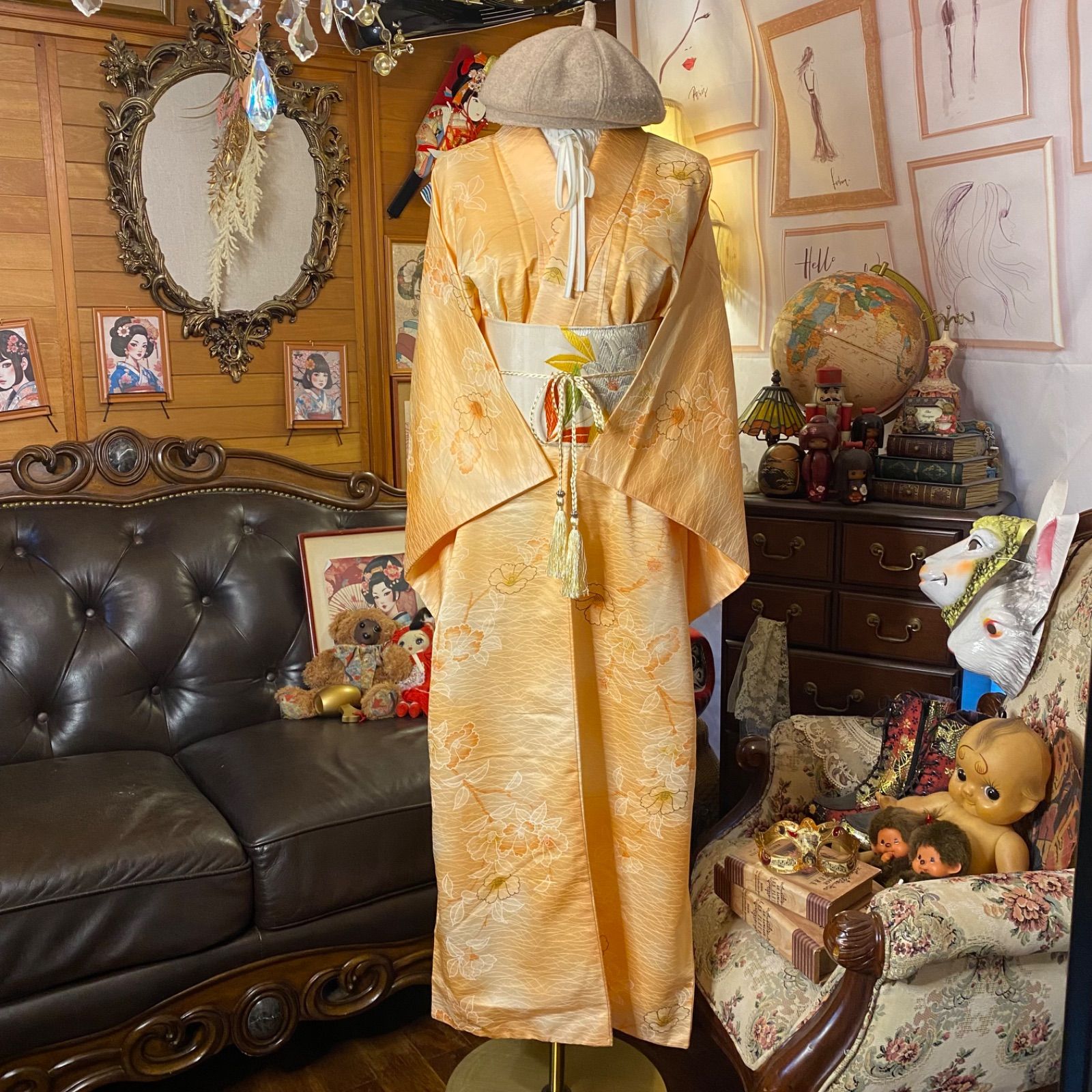 着物 リメイク ロング ワンピース ドレス 洗える 化繊 名古屋帯サッシュベルト付き 和洋折衷 ハンドメイド 春光を纏う 花咲く KW-1138