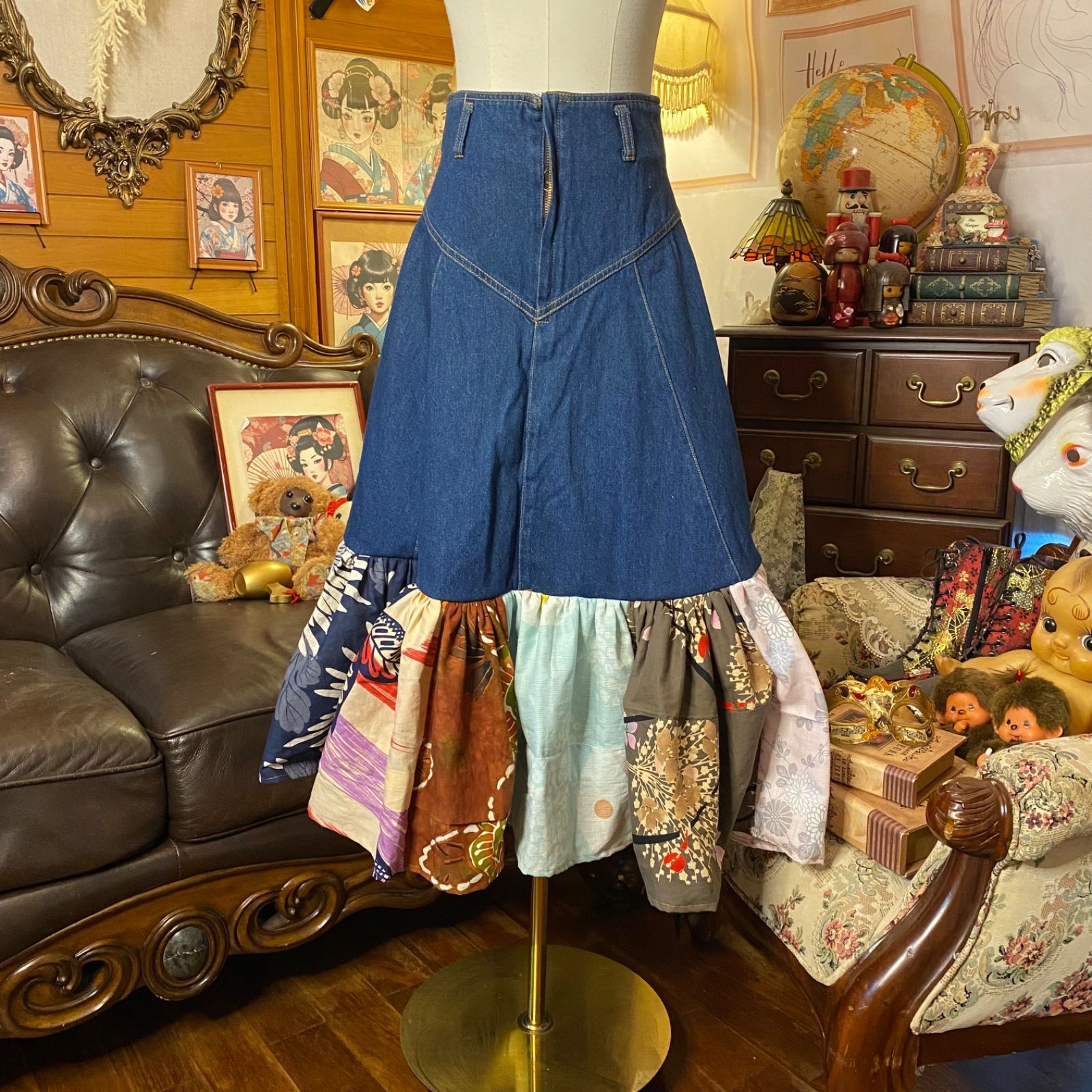 和洋折衷リメイク 浴衣 デニムスカート パッチワーク コラージュ
