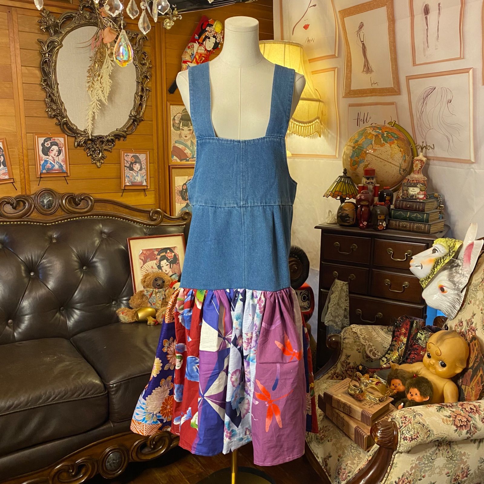 和洋折衷リメイク 浴衣 デニム オーバーオール サロペット ワンピース パッチワーク コラージュ ドッキング 切り替え レトロ 古着 ハンドメイド 金魚 花々 蝶や流水 0-89