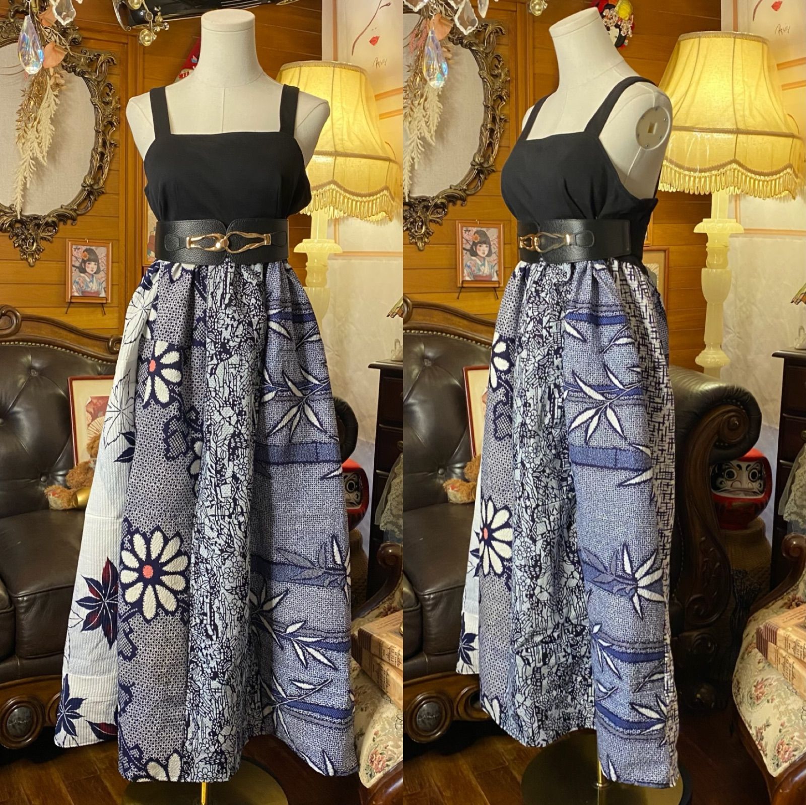 和洋折衷リメイク 浴衣 ワンピース パッチワーク コラージュ ドッキング 切り替え レトロ 古着 ハンドメイド 藍に揺れる風 0-90