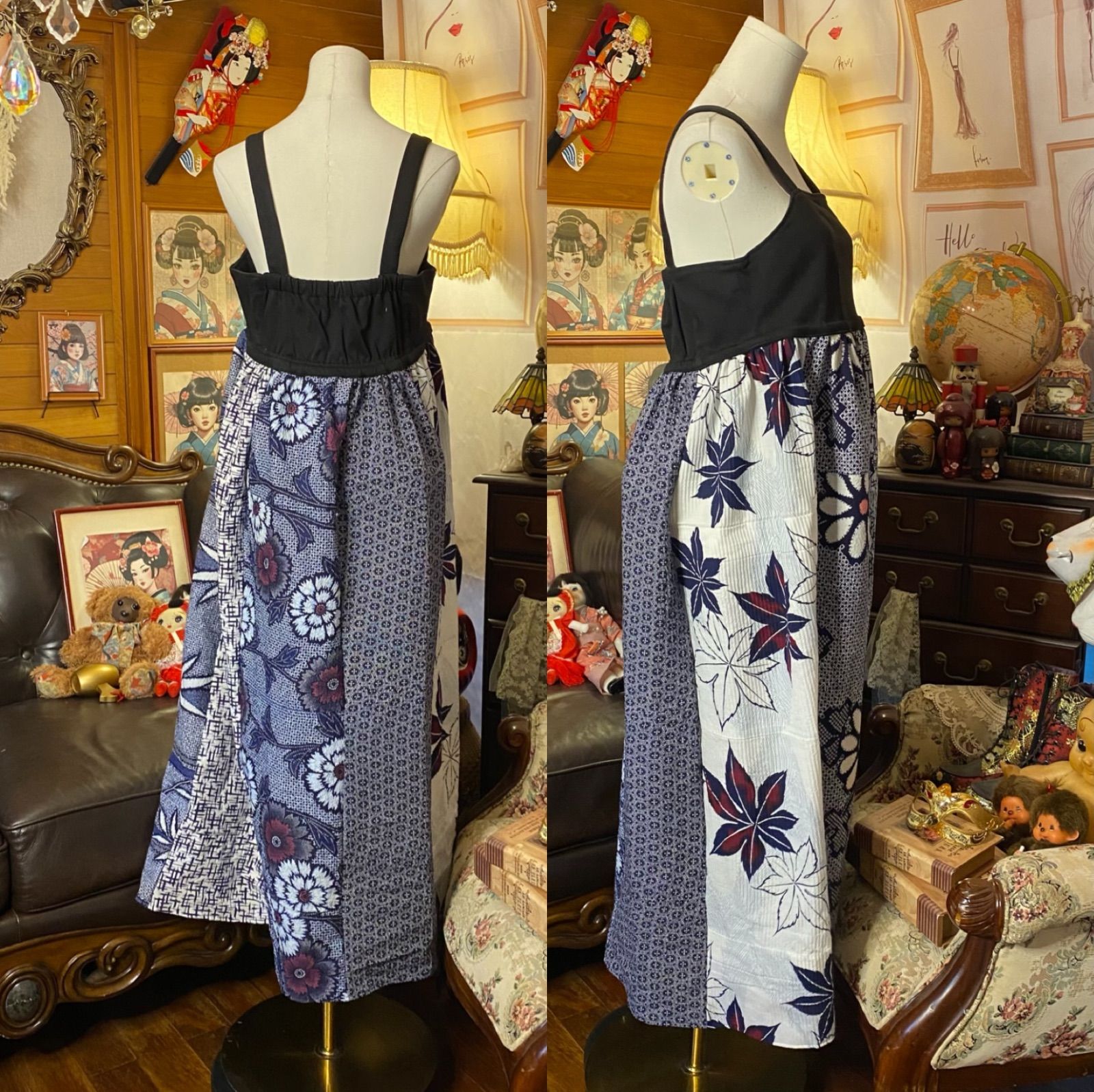  和洋折衷リメイク 浴衣 ワンピース パッチワーク コラージュ ドッキング 切り替え レトロ 古着 ハンドメイド 藍に揺れる風 0-90 その他 ワンピース