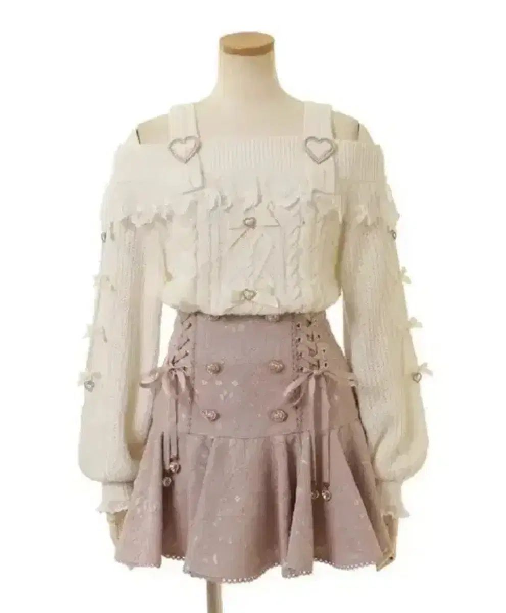 リズリサ ハートバックル オフショルダー ニット ブラウス スカート セットアップ 量産型 ヴィンテージ