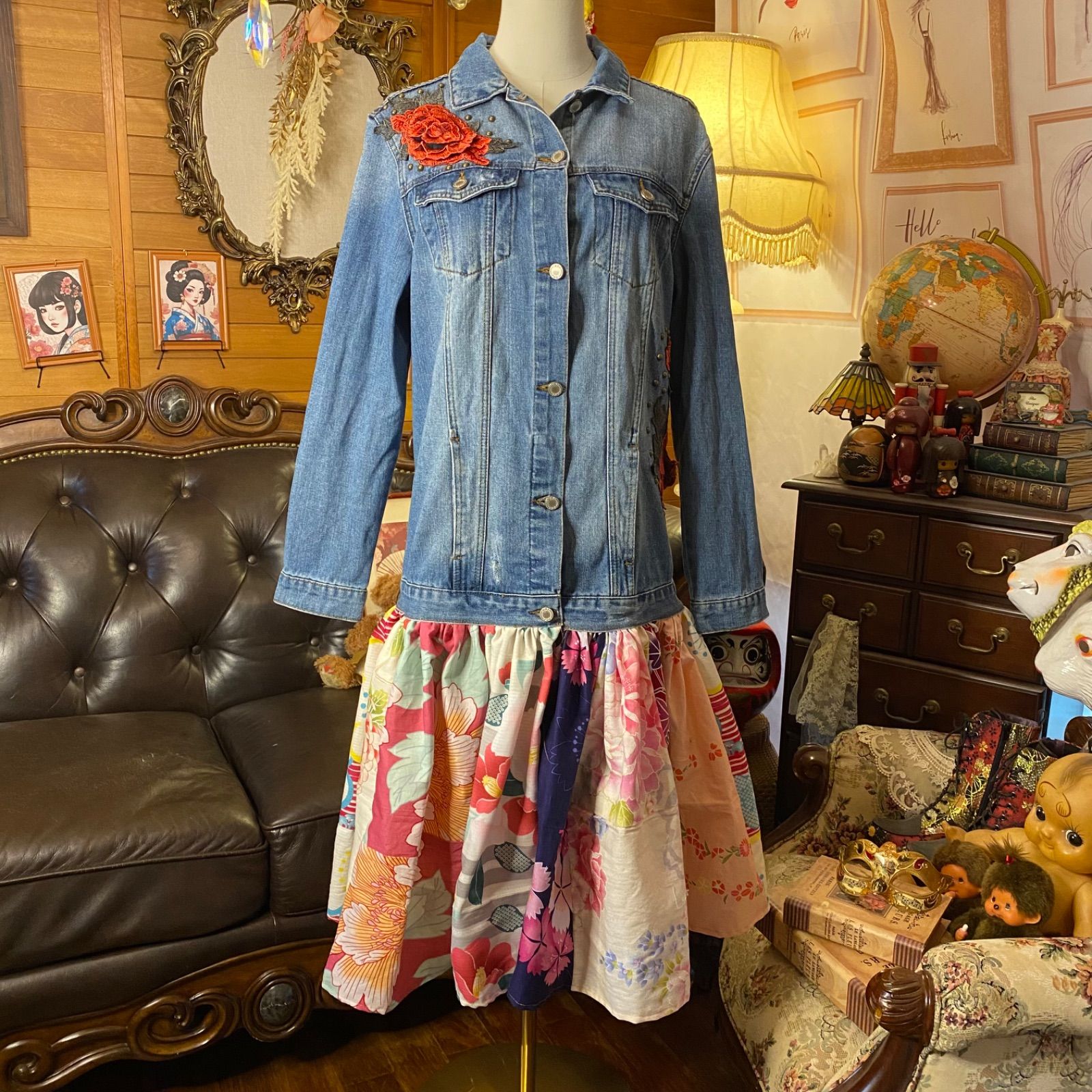 和洋折衷リメイク 浴衣 デニム ジャケット パッチワーク コラージュ ドッキング 切り替え レトロ 古着 ハンドメイド 薔薇と花々の共鳴 0-91