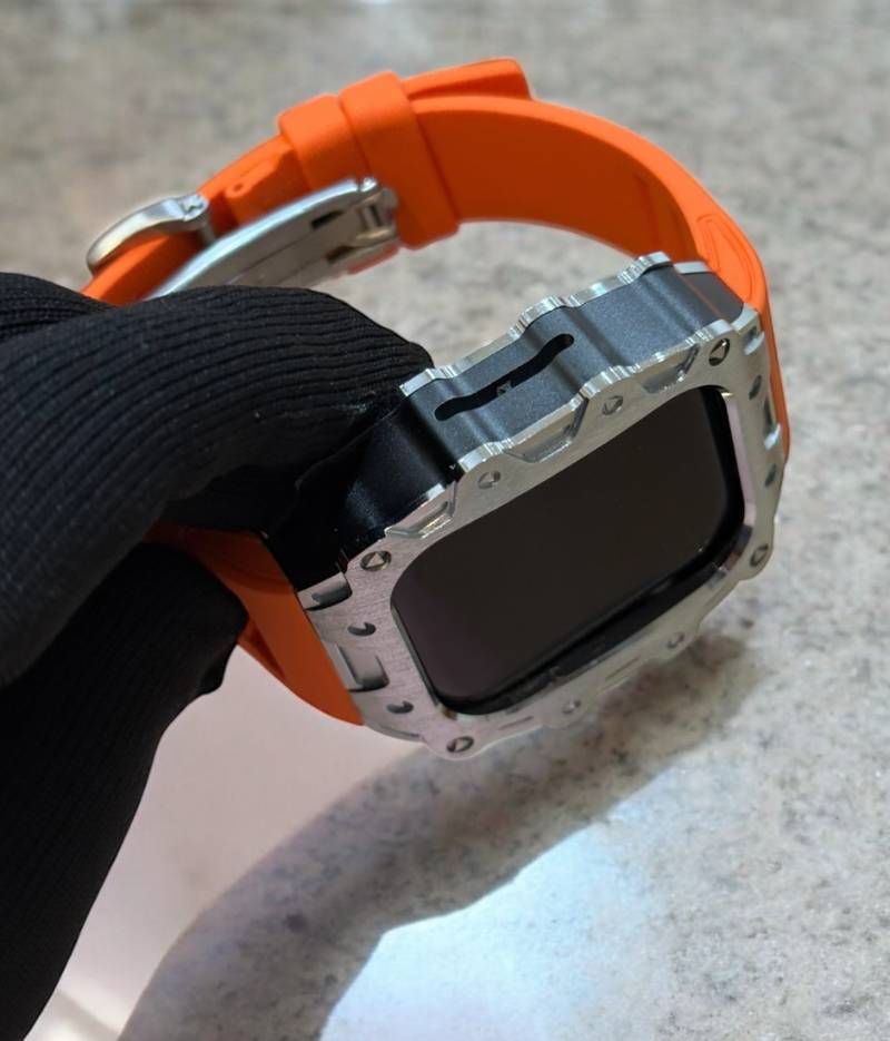 オレンジシルバー 別注強化型シルバーバックルモデル AppleWatc用 カスタム カバーケース 保護 46 アップルウォッチ series10 series11 ラバーバンド ベルト