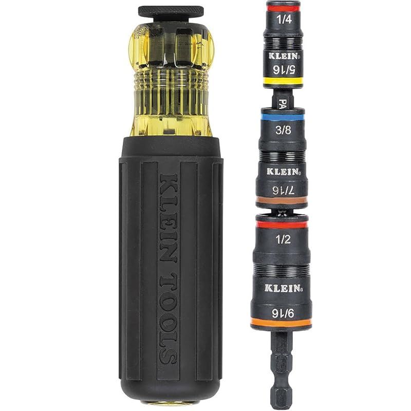 Klein Tools 32910 インパクトドライバー 7イン1 SAEインパクトソケットセット ハンドル付き フリップソケット 1 4 5 16 3 8 7 16 1 2 と 9 16インチ ナットドライバーサイズ 1 4インチビットホルダー 0