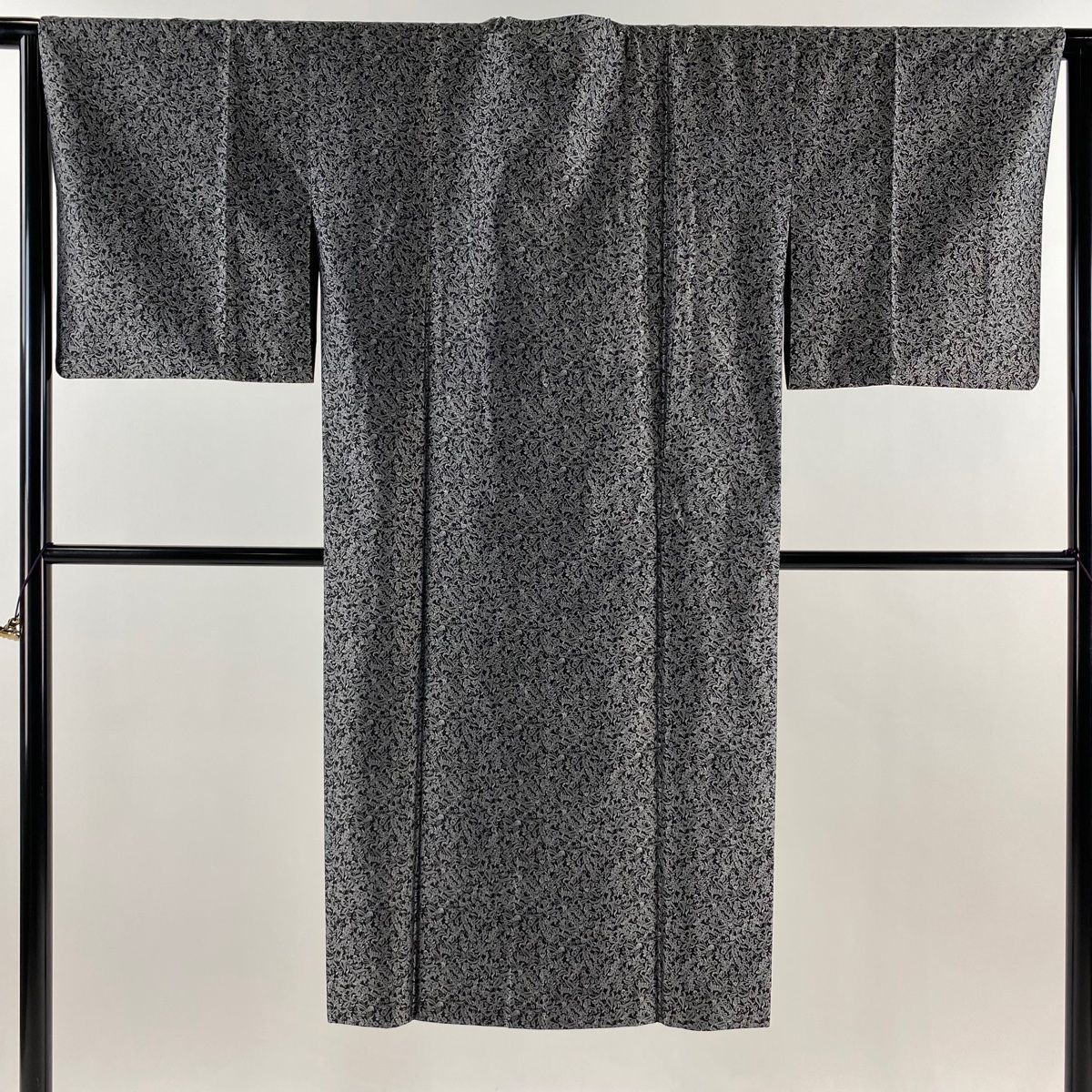 道行 身丈126cm 裄丈64.5cm M 和装コート 角衿 草花 黒灰 正絹 秀品