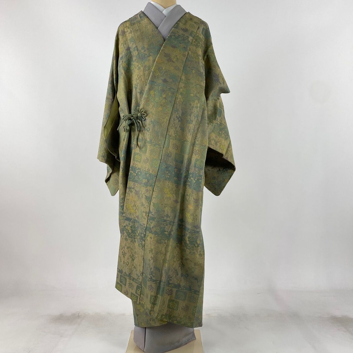 道中着 身丈128.5cm 裄丈68.5cm L 和装コート 草花草 鳥 茶緑色 正絹