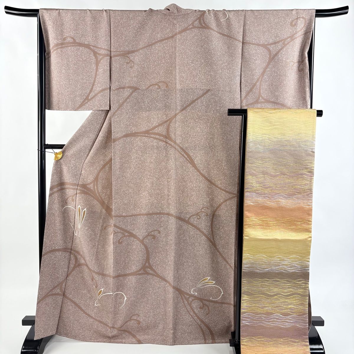 訪問着 身丈167cm 裄丈66.5cm M 袷 袋帯セット 兎 唐草 金彩 薄小豆 正絹