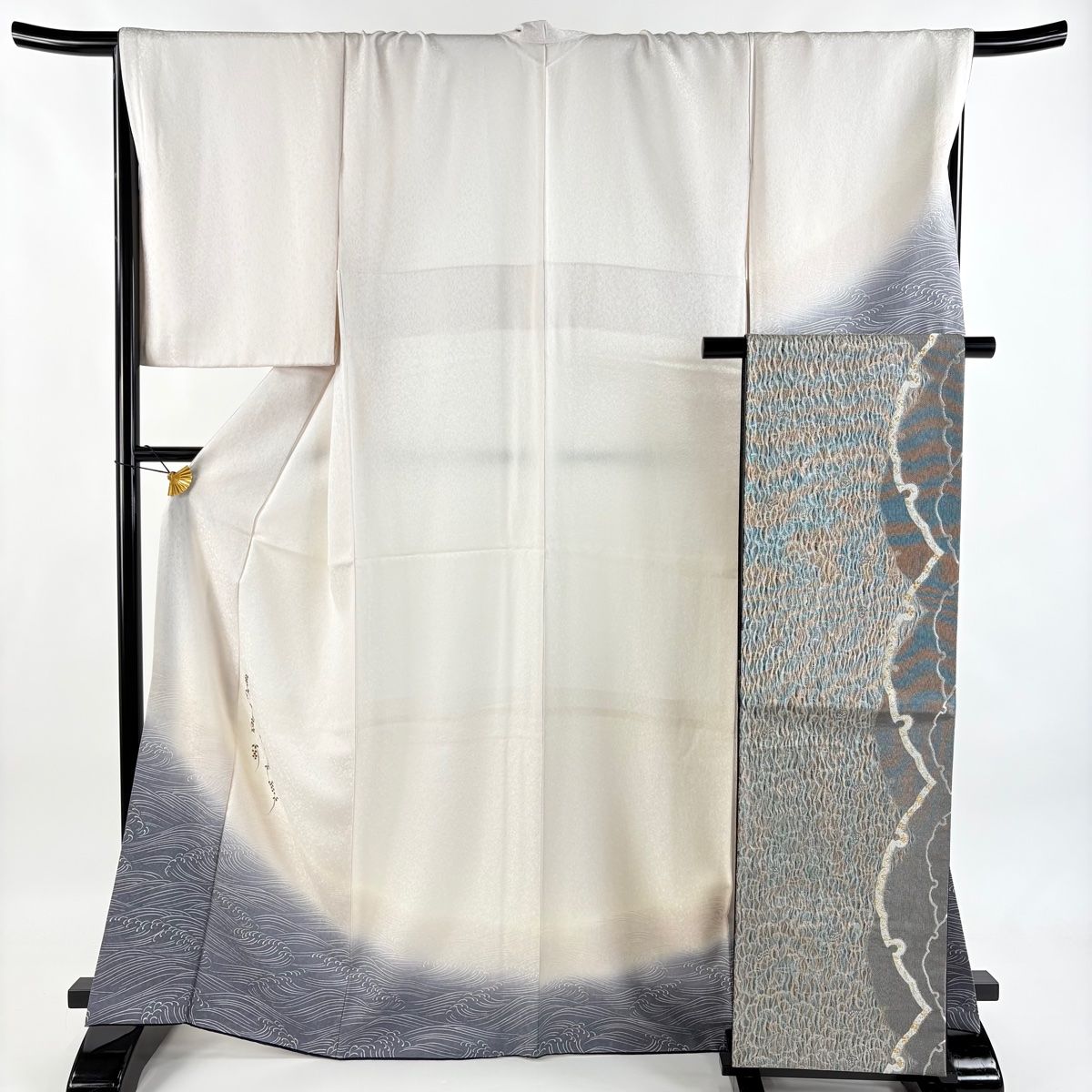 付下げ 身丈167cm 裄丈69cm L 袷 袋帯セット ふき綿仕立て 葉と実 金銀彩 ぼかし クリーム 正絹 秀品