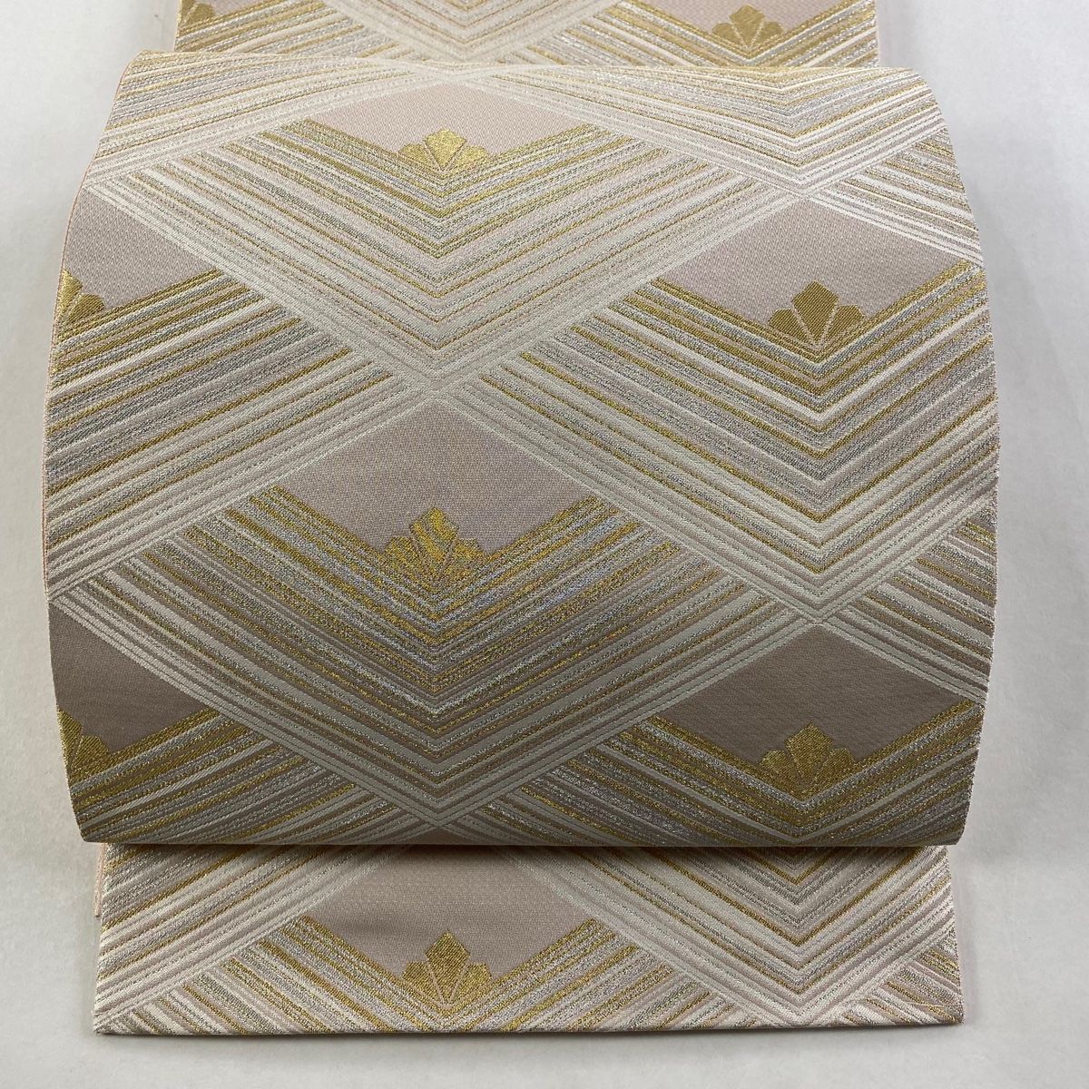 袋帯 落款 若松 菱 金銀糸 ピンクベージュ 六通 正絹