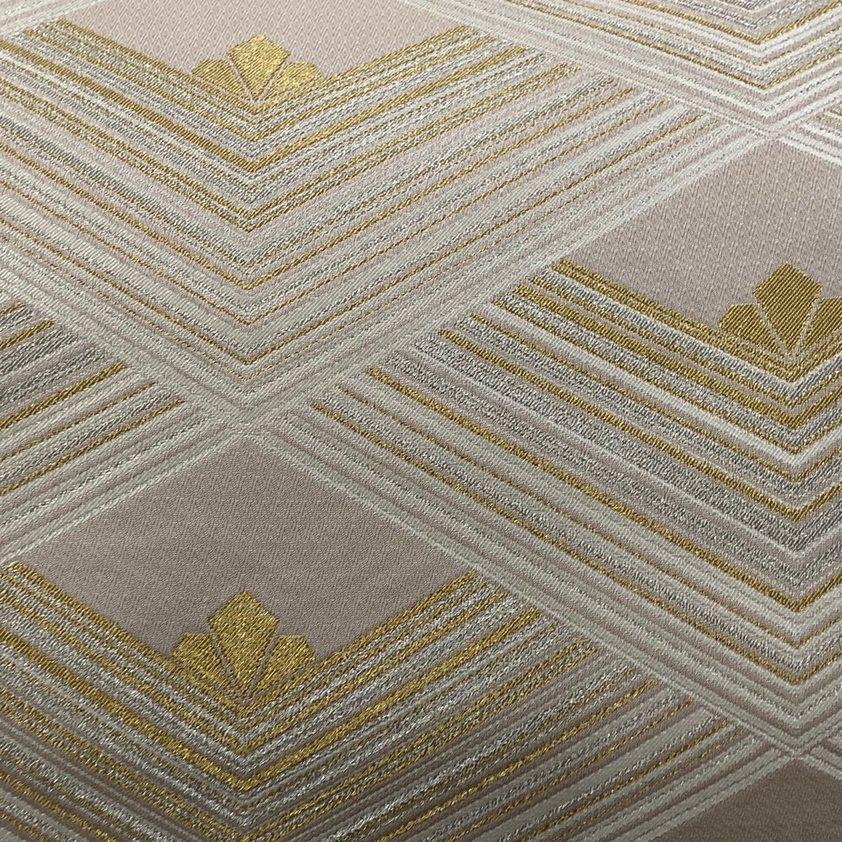 袋帯 落款 若松 菱 金銀糸 ピンクベージュ 六通 正絹