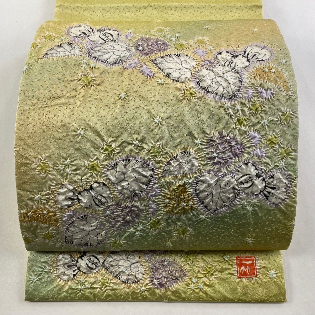 袋帯 初代 久保田一竹 落款 辻が花 金糸 黄色 お太鼓柄 正絹