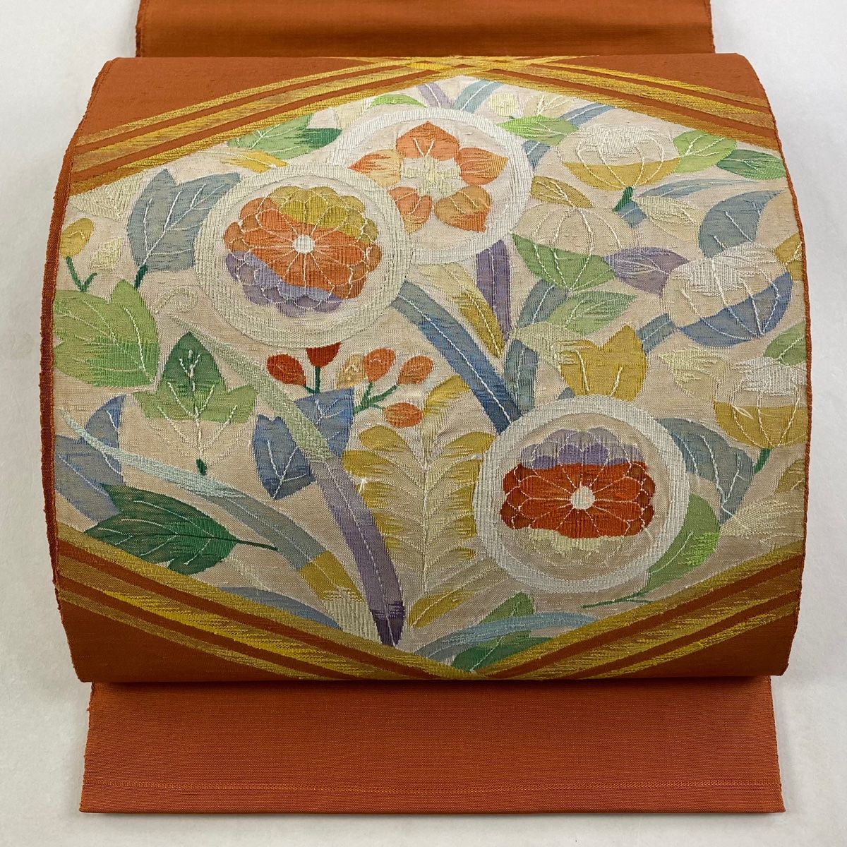袋帯 秀品 関西仕立て 草花 金糸 オレンジ お太鼓柄 正絹