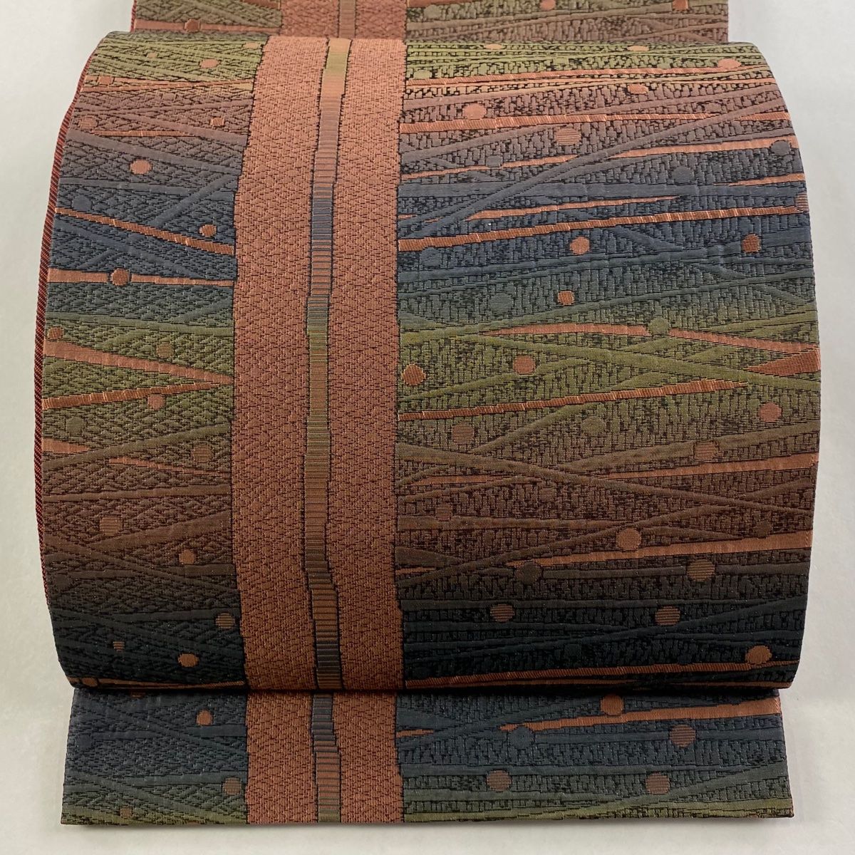 袋帯 秀品 幾何学 箔 ピンクベージュ 六通 正絹