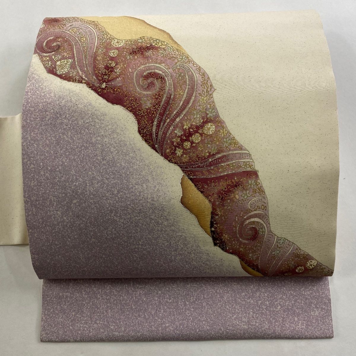 名古屋帯 秀品 草花 道長取り 金銀彩 薄紫 正絹