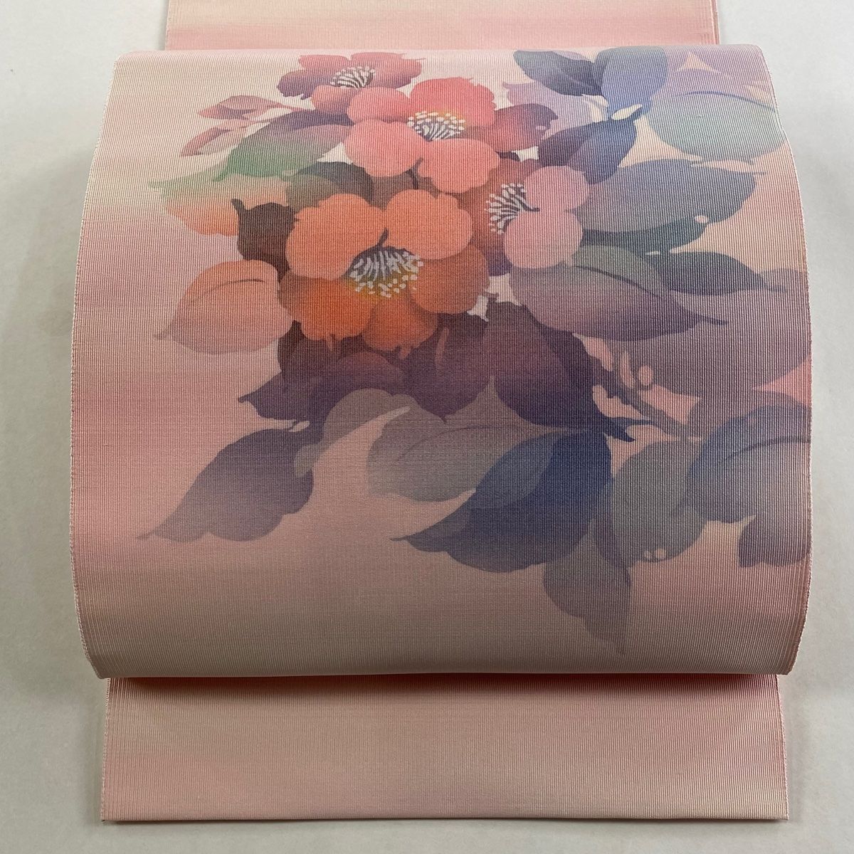 名古屋帯 秀品 落款 松葉仕立て 八寸名古屋帯 紬地 枝花 霞 ぼかし ピンク 正絹