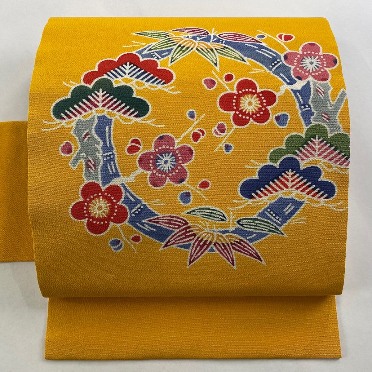 名古屋帯 秀品 松竹梅 縮緬 黄色 正絹