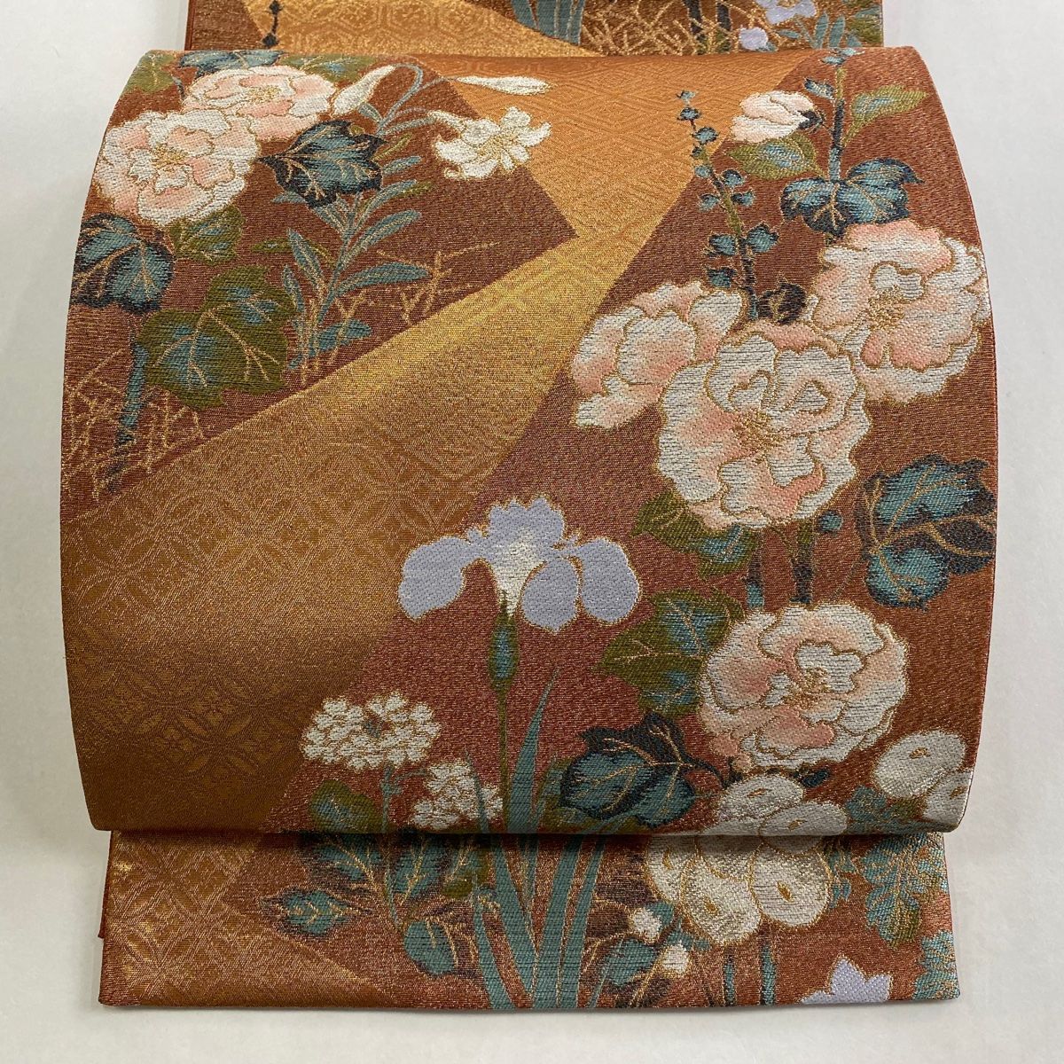 袋帯 秀品 草花 七宝 金銀糸 箔 赤茶 六通 正絹