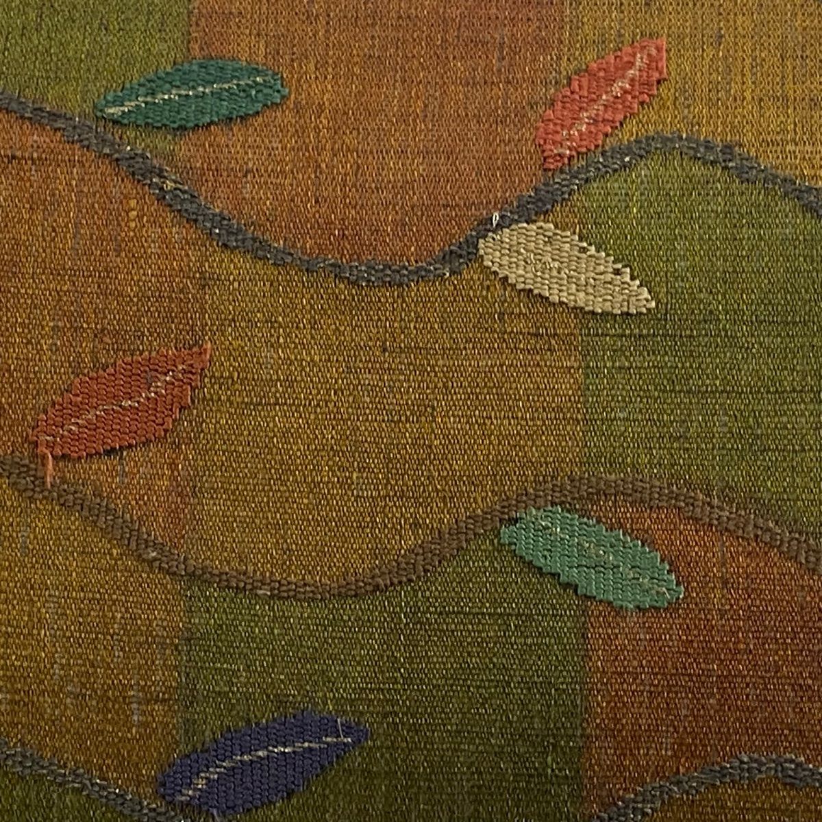 袋帯 秀品 葉柄 幾何学模様 金糸 山吹茶色 お太鼓柄 正絹