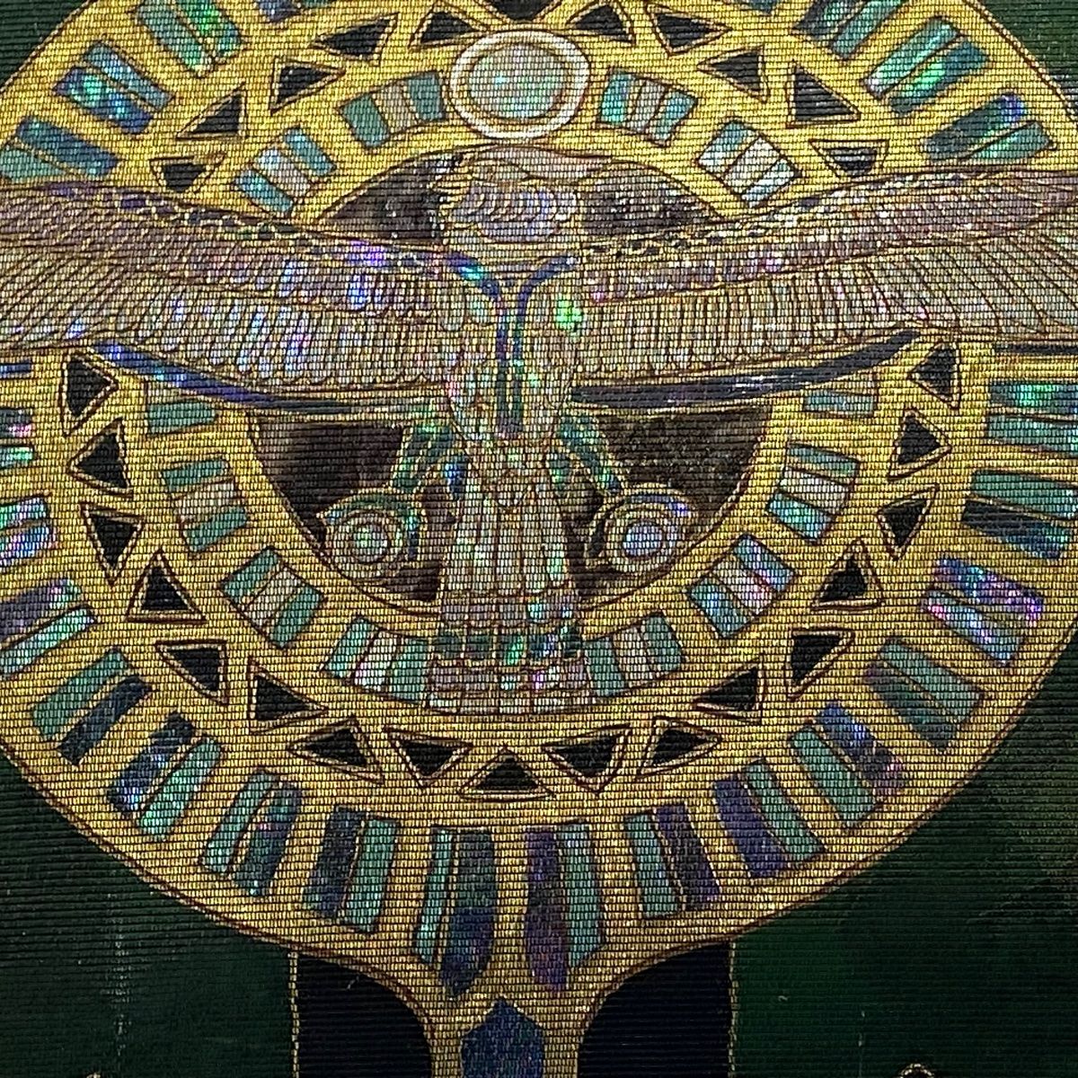 袋帯 秀品 コプト柄 螺鈿箔 緑 お太鼓柄 正絹