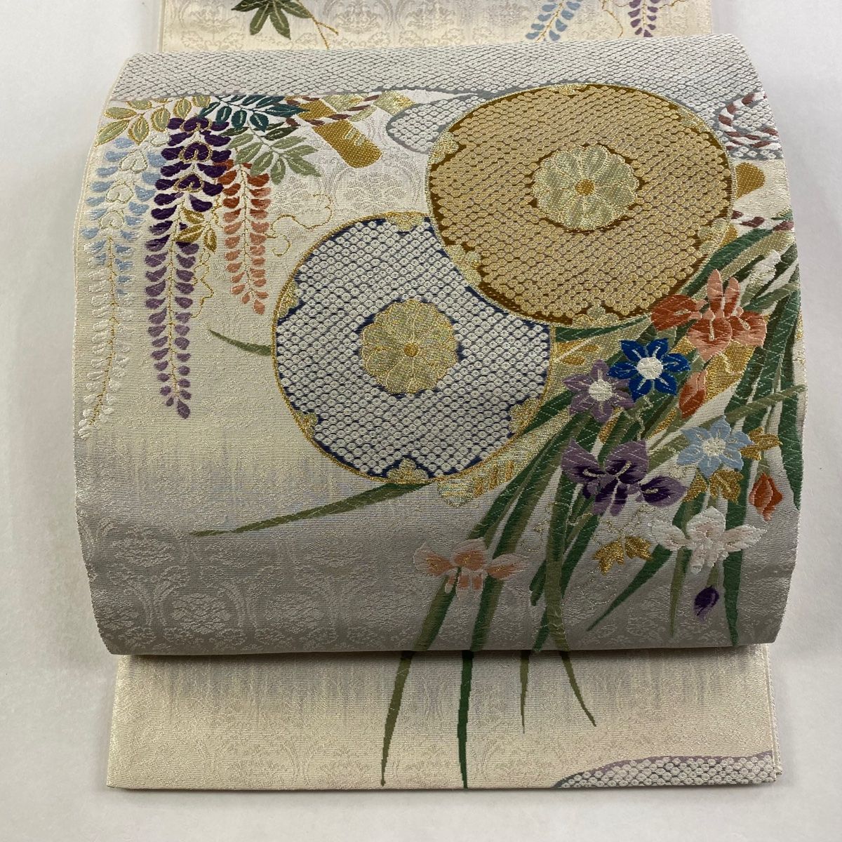 袋帯 秀品 草花 霞 金糸 唐織 灰色 六通 正絹