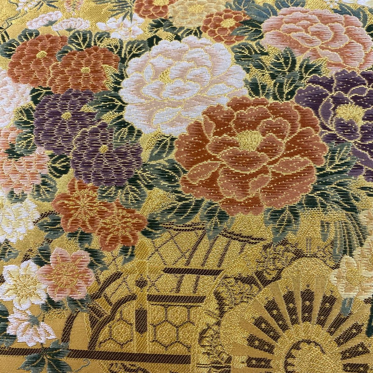 袋帯 秀品 花車 鴛鴦 本金二重箔 唐織 金色 お太鼓柄 正絹