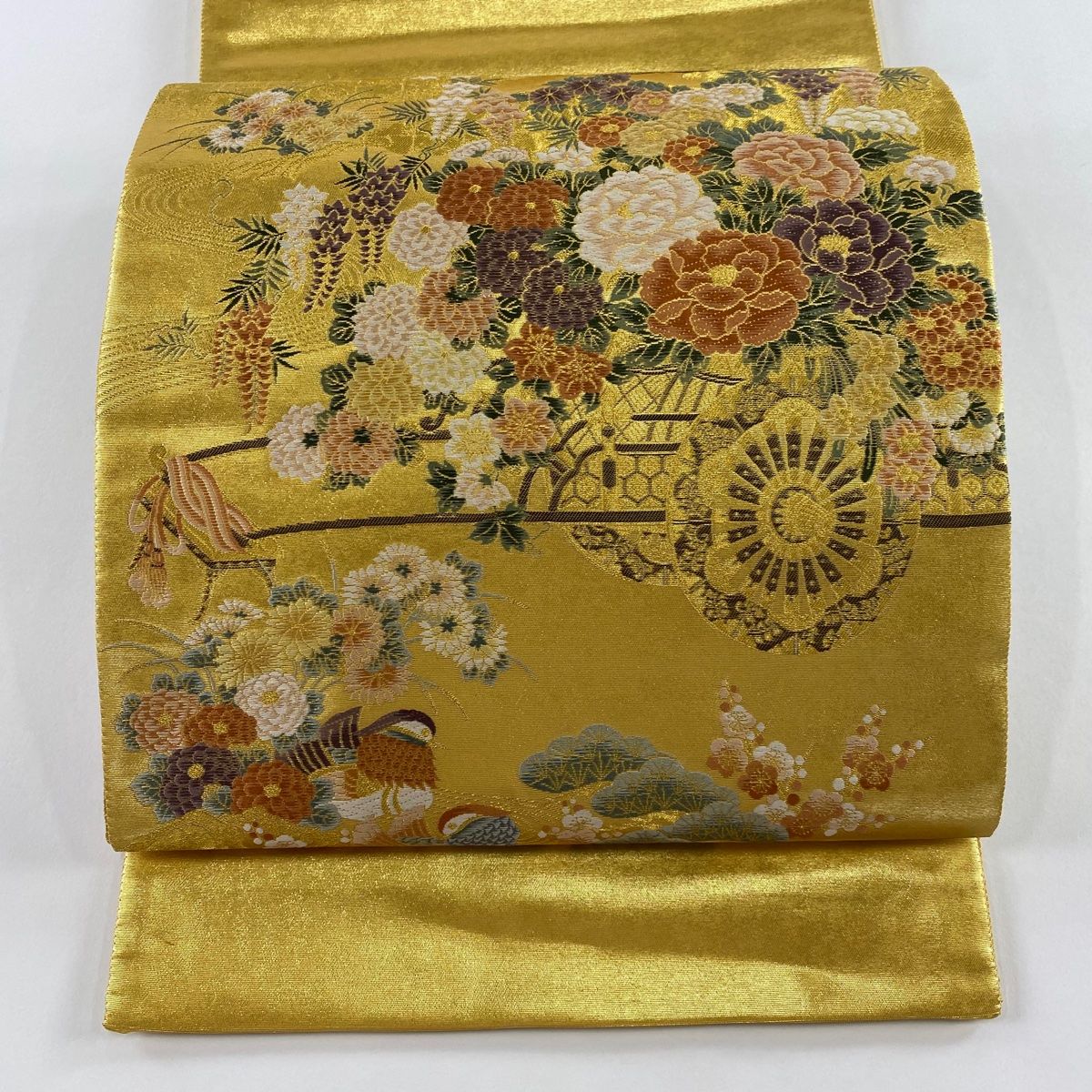 袋帯 秀品 花車 鴛鴦 本金二重箔 唐織 金色 お太鼓柄 正絹