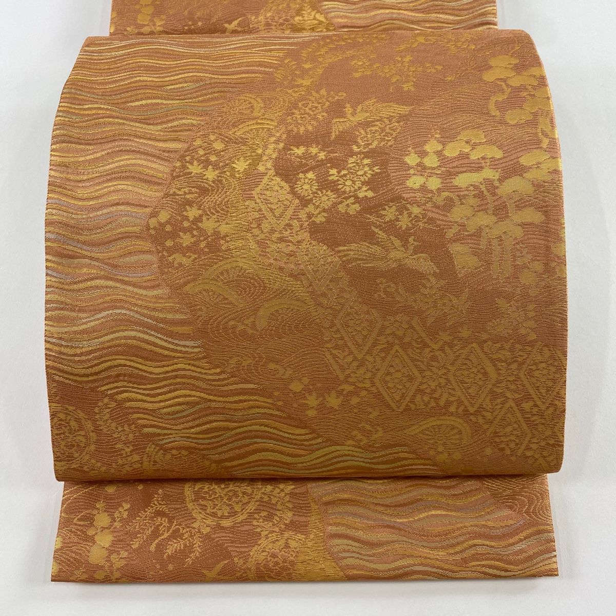 袋帯 秀品 箔屋清兵衛 落款 西陣織 花鳥 源氏車 箔 オレンジ 六通 正絹