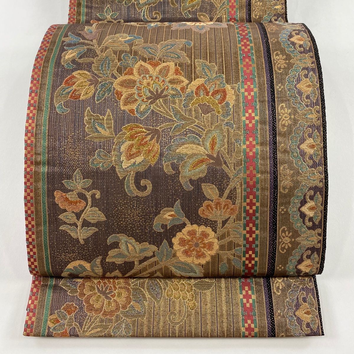 袋帯 秀品 花唐草 縞 箔 焦茶色 六通 正絹