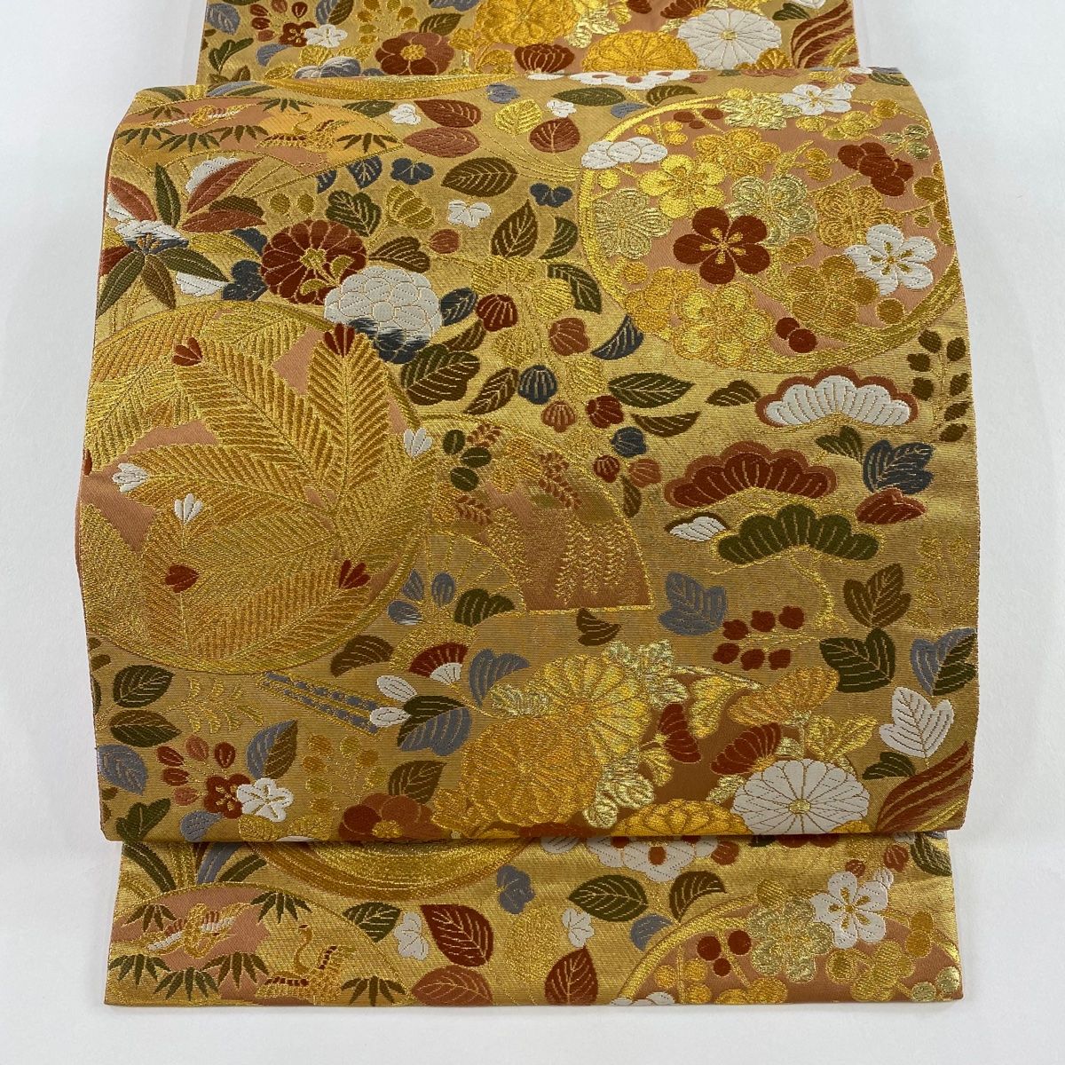 袋帯 秀品 花丸紋 松梅 唐織 箔 金色 六通 正絹