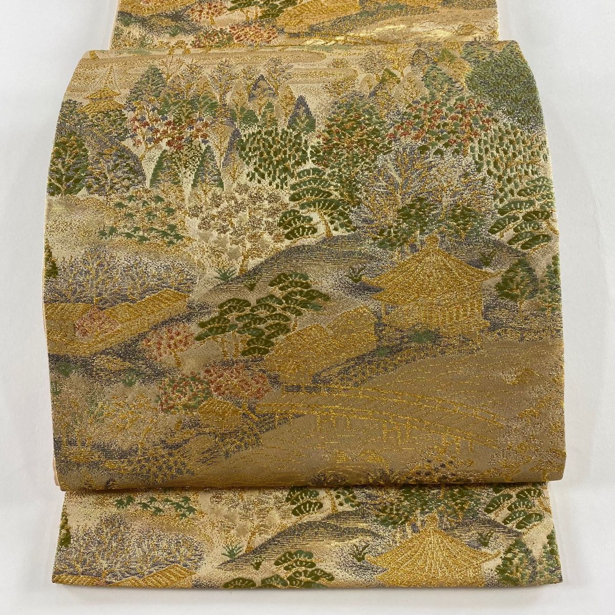 袋帯 秀品 風景 建物 箔 金糸 ベージュ 六通 正絹