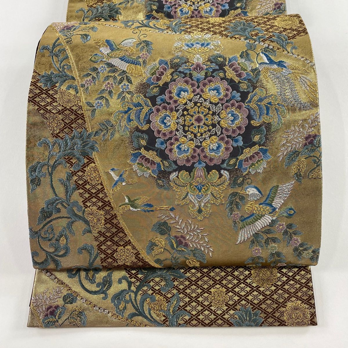 袋帯 秀品 華文 花鳥 唐織 箔 焦茶色 六通 正絹