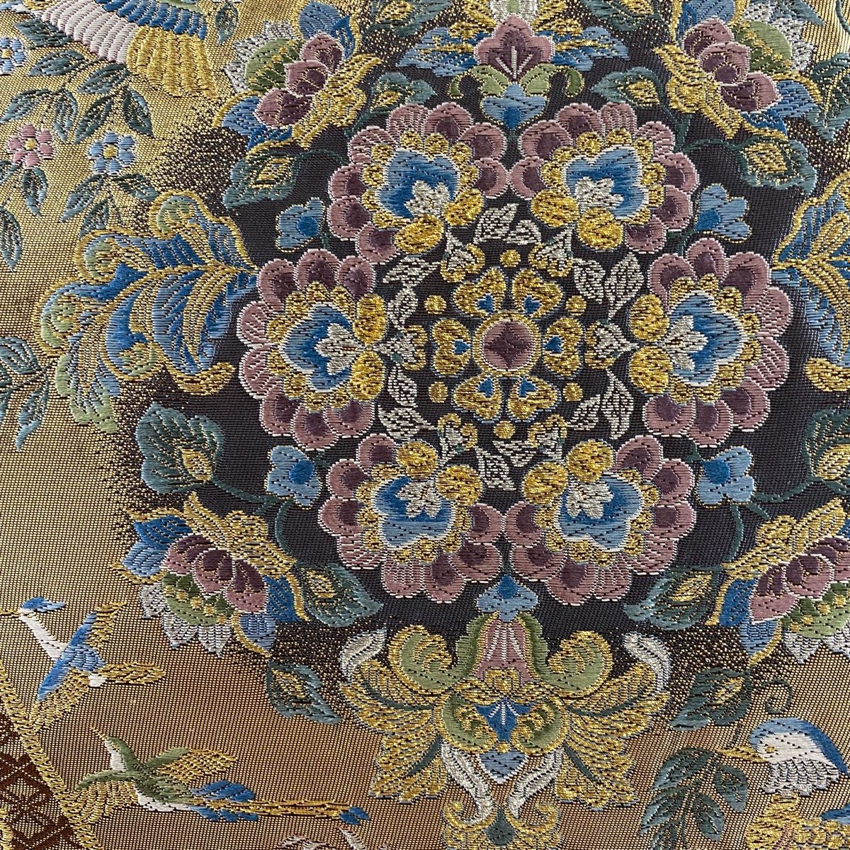 袋帯 秀品 華文 花鳥 唐織 箔 焦茶色 六通 正絹
