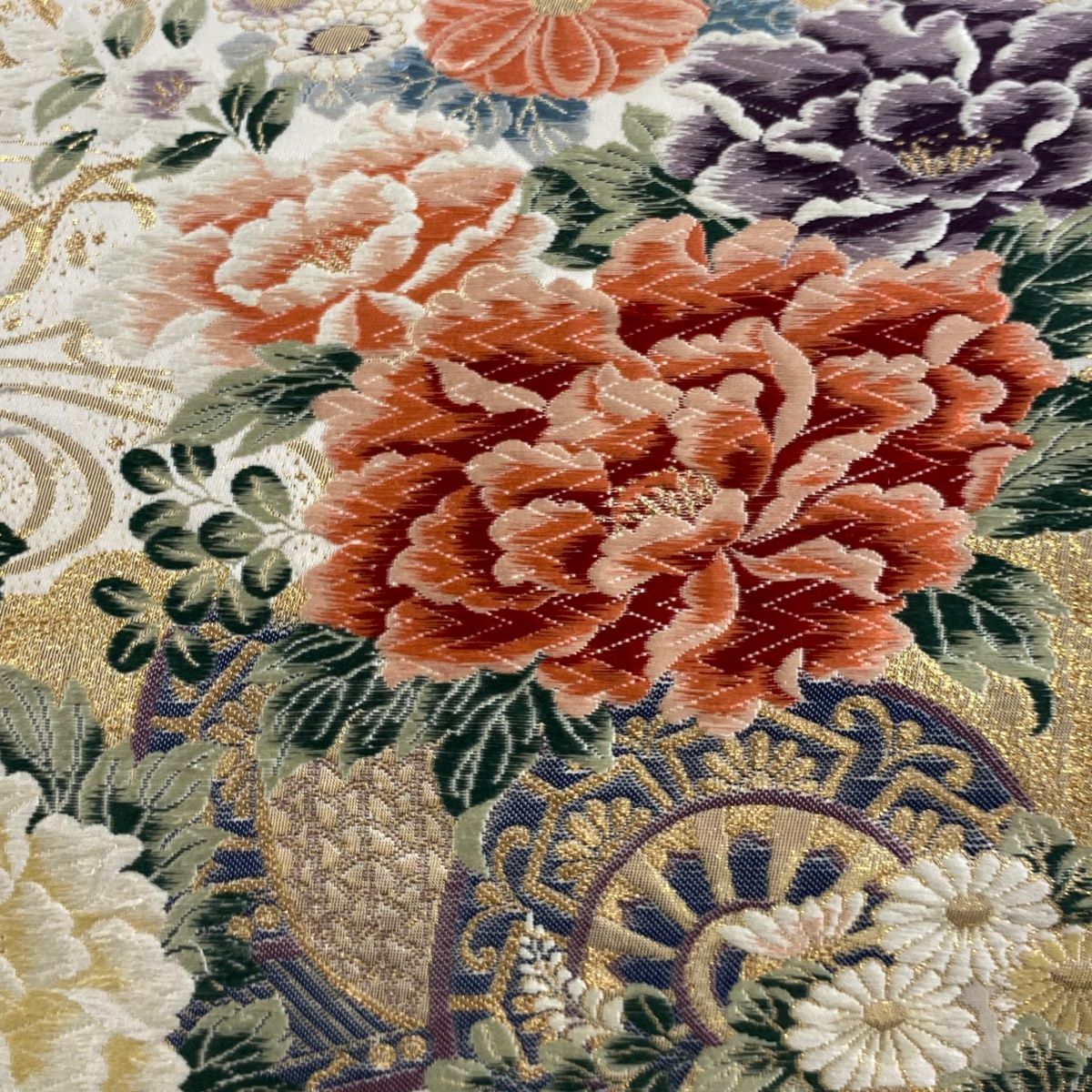 袋帯 秀品 花車 流水 唐織 箔 ベージュ 六通 正絹