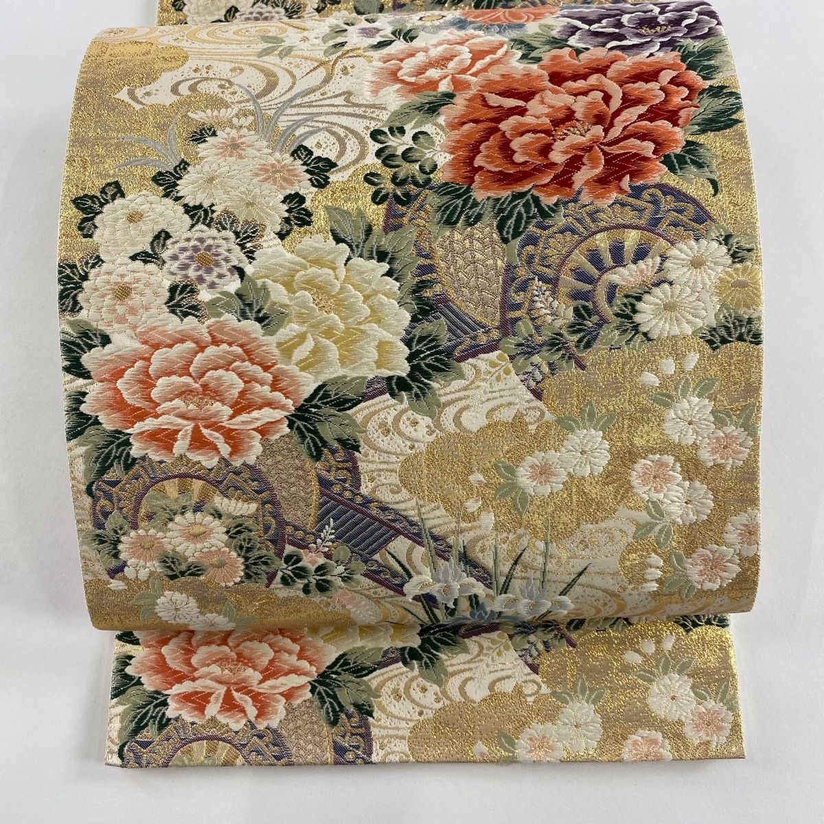 袋帯 秀品 花車 流水 唐織 箔 ベージュ 六通 正絹